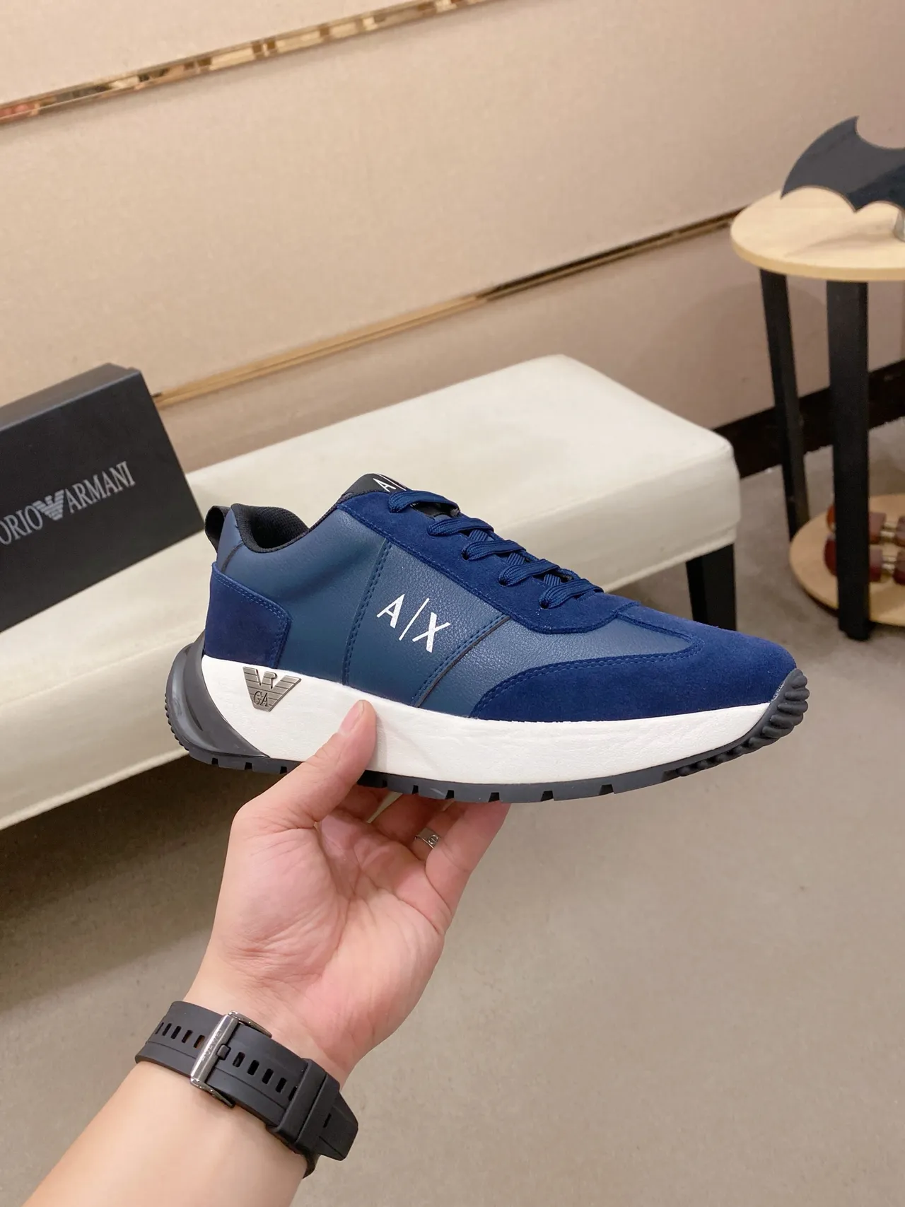 Armani Exchange Navy White Mixed-Material Upper Platform Sole Lifestyle Sneakers