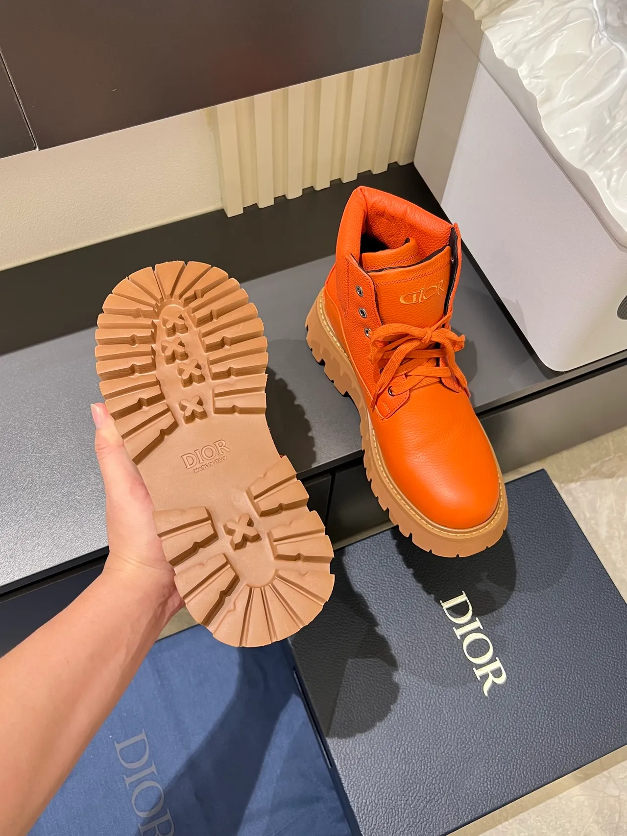 Dior Orange Beige Chunky Lug Sole Padded Collar Ankle Boots