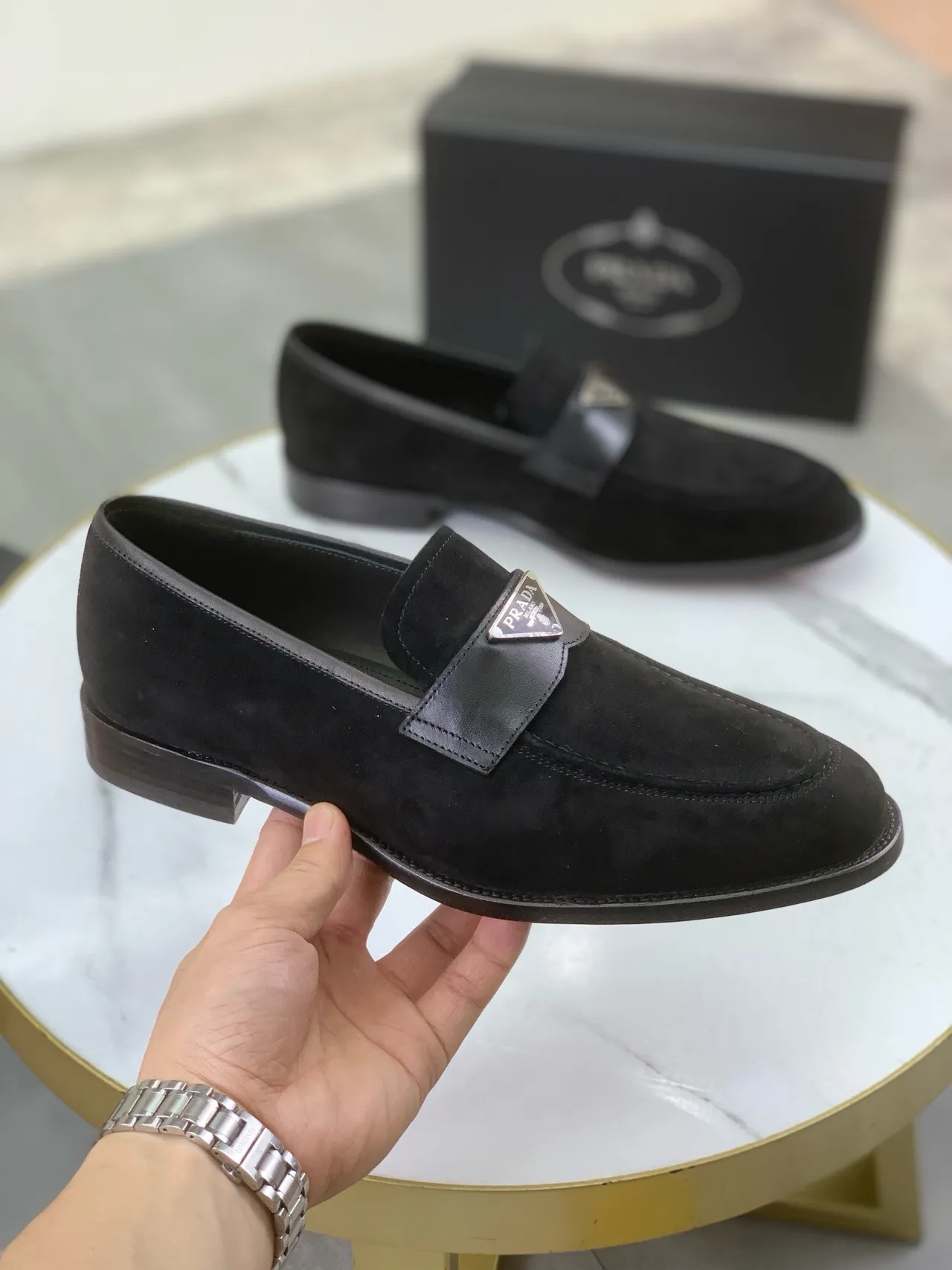 Prada Loafer Black Suede Upper Leather Strap Loafer