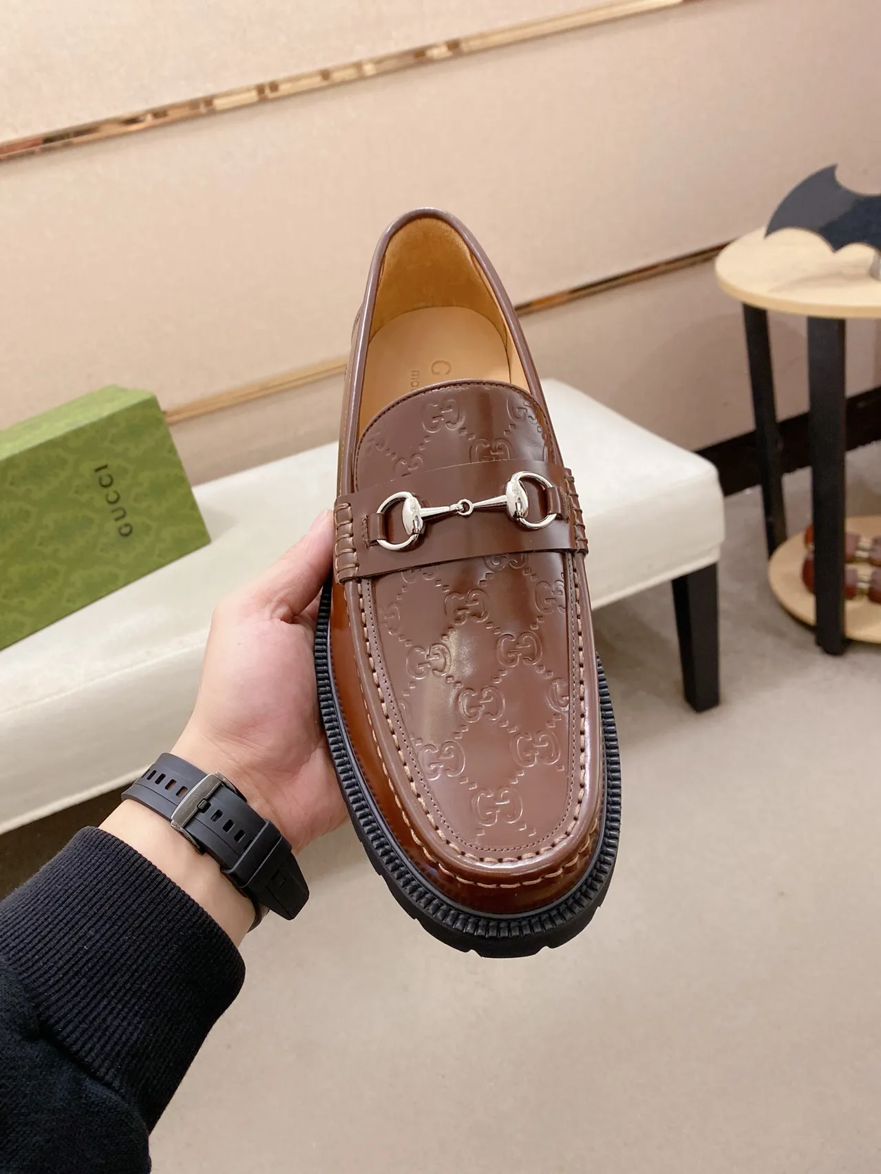 Gucci Horsebit 1955 Brown Black Buckle Embossed GG Leather Loafer