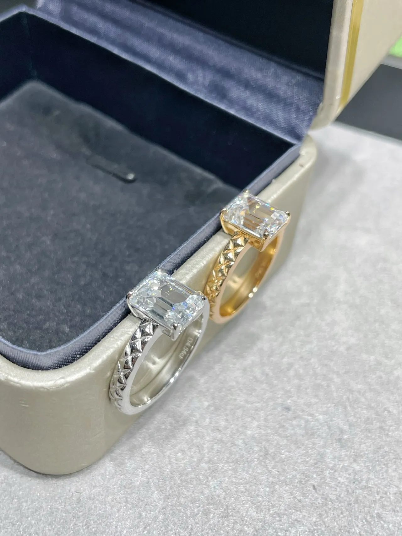 Gold Silver Emerald-Cut Stone Textured Braided Band Ring