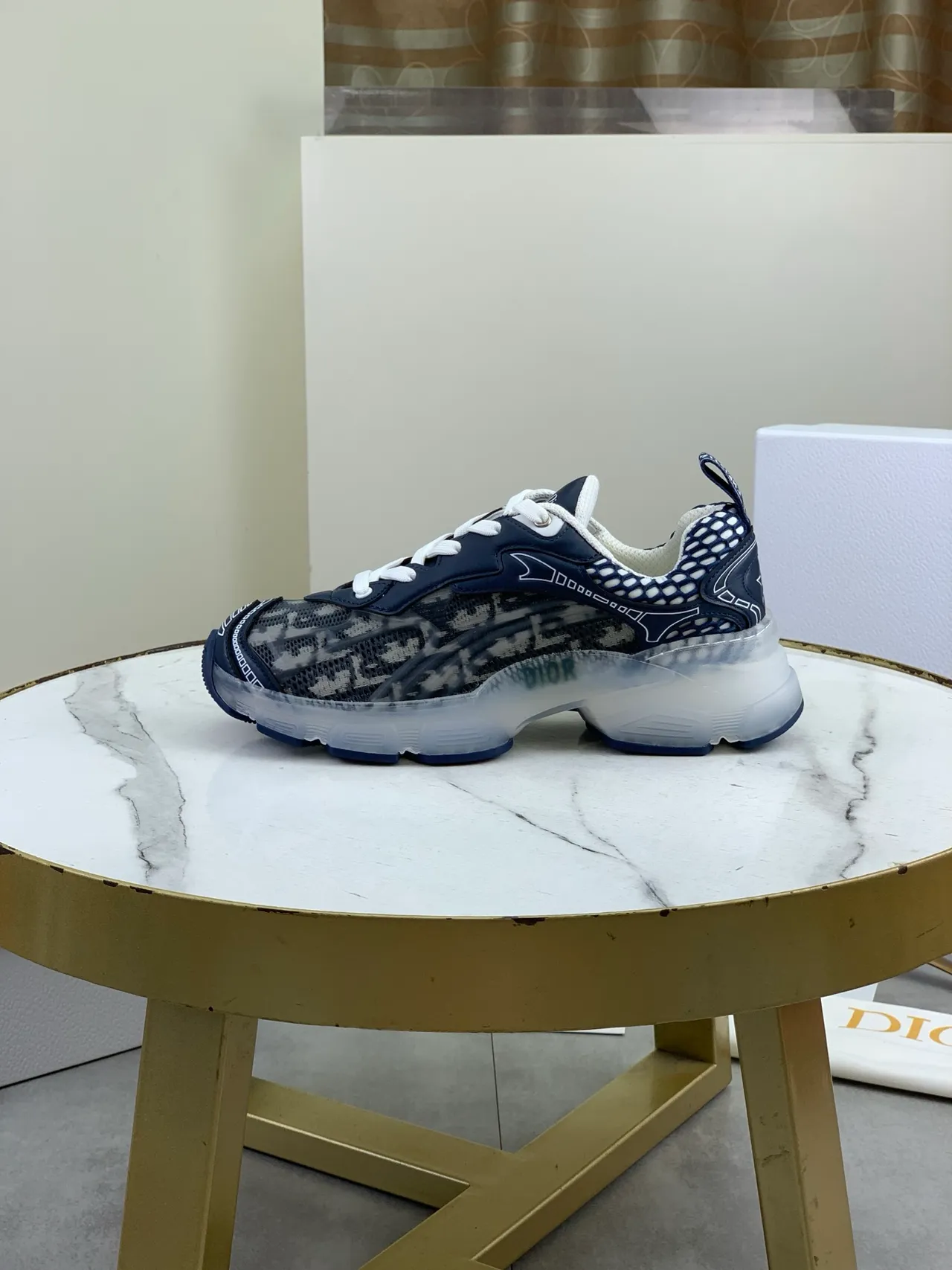 Dior Navy White Transparent Sole Monogrammed Mesh Upper Chunky Sneakers