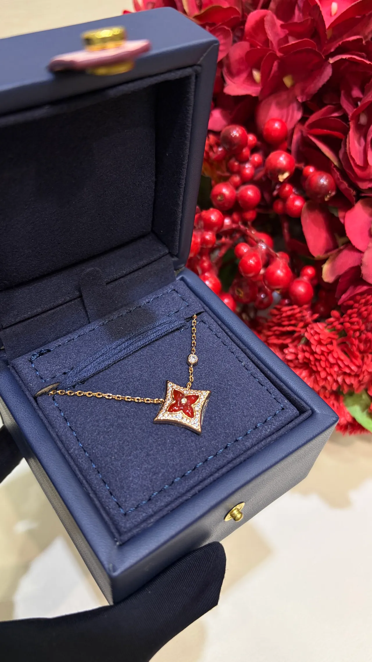 Louis Vuitton Red Enamel Floral Pendant Gold-Tone Necklace