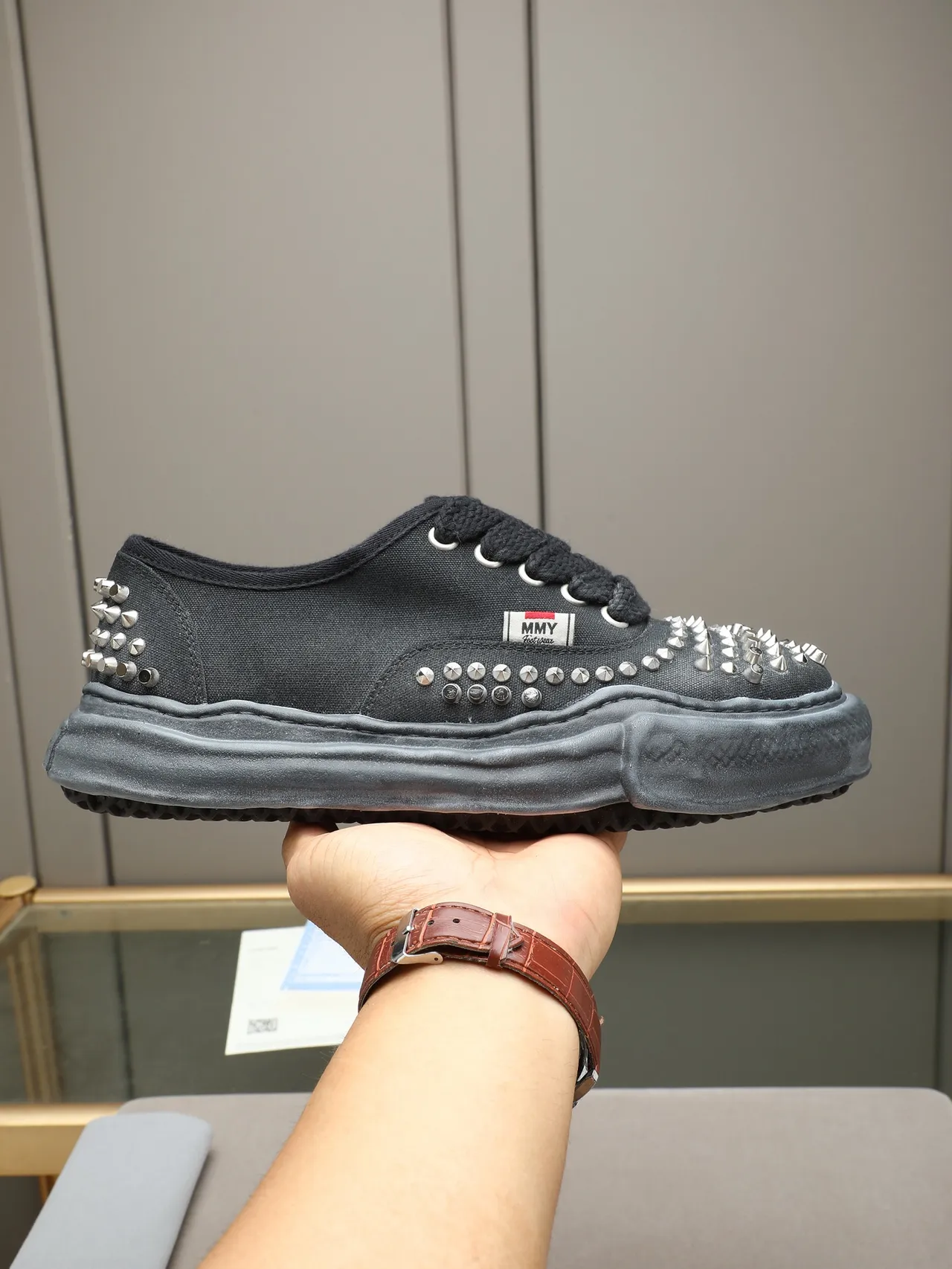 MMY Studded Black Canvas Low-Top Sneakers