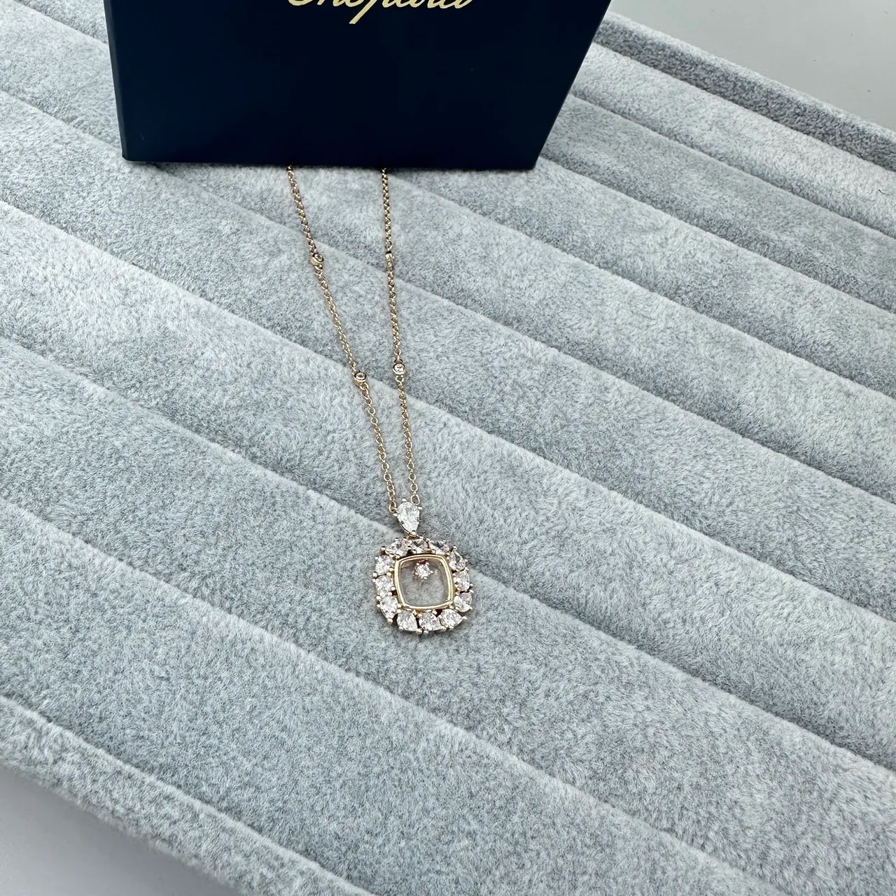 Chopard Silver Gold Square Cushion-Cut Central Stone Diamond Halo Setting Necklace