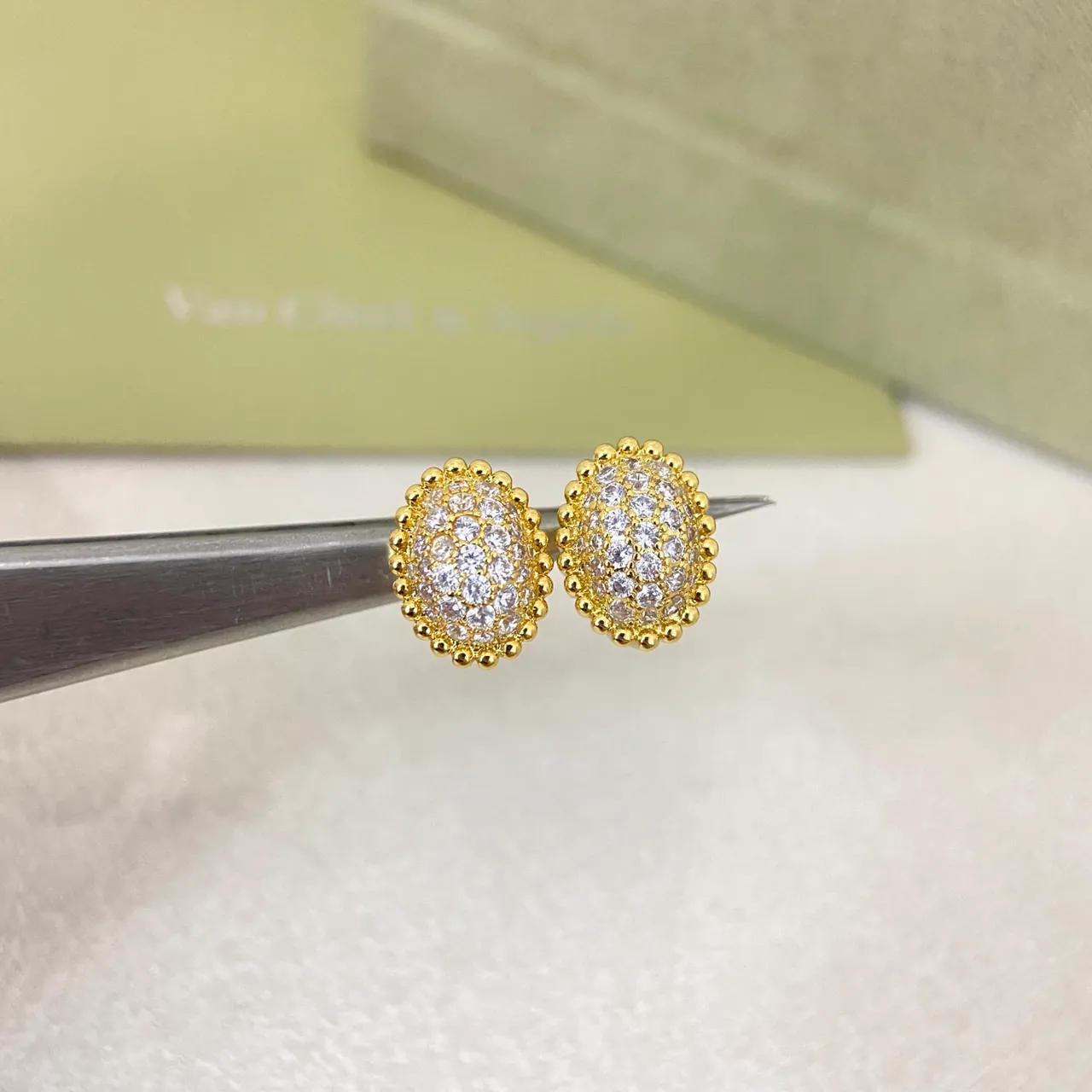 Van Cleef & Arpels Gold Silver Oval Pavé Studs Beaded Border Edge Earrings