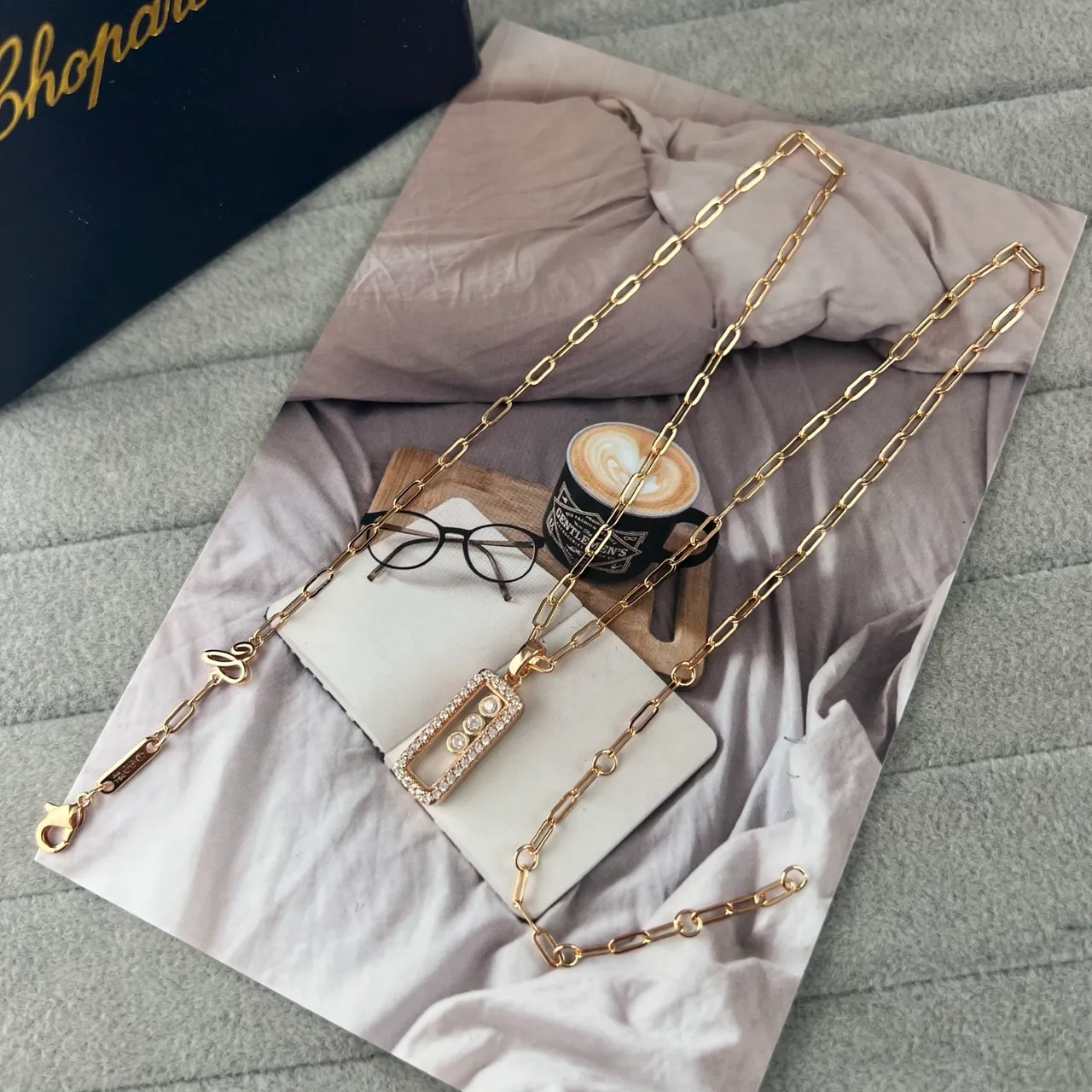 Chopard Gold Silver Rectangular Pavé-Set Pendant Three Central Round Stones Necklace