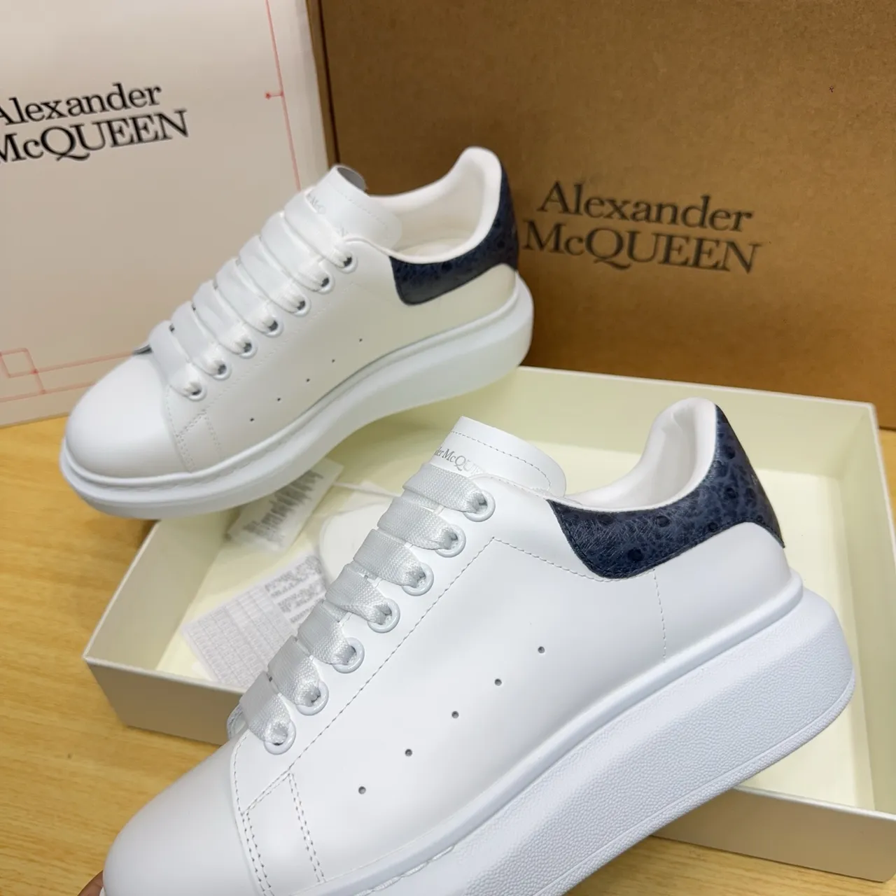 Alexander McQueen Oversized Sneaker White Navy Platform Sole Perforated Toe Lifestyle Sneakers