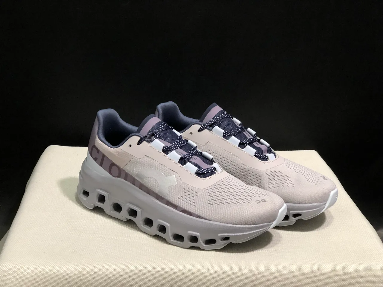 On Cloudmonster Beige Navy Running Shoes