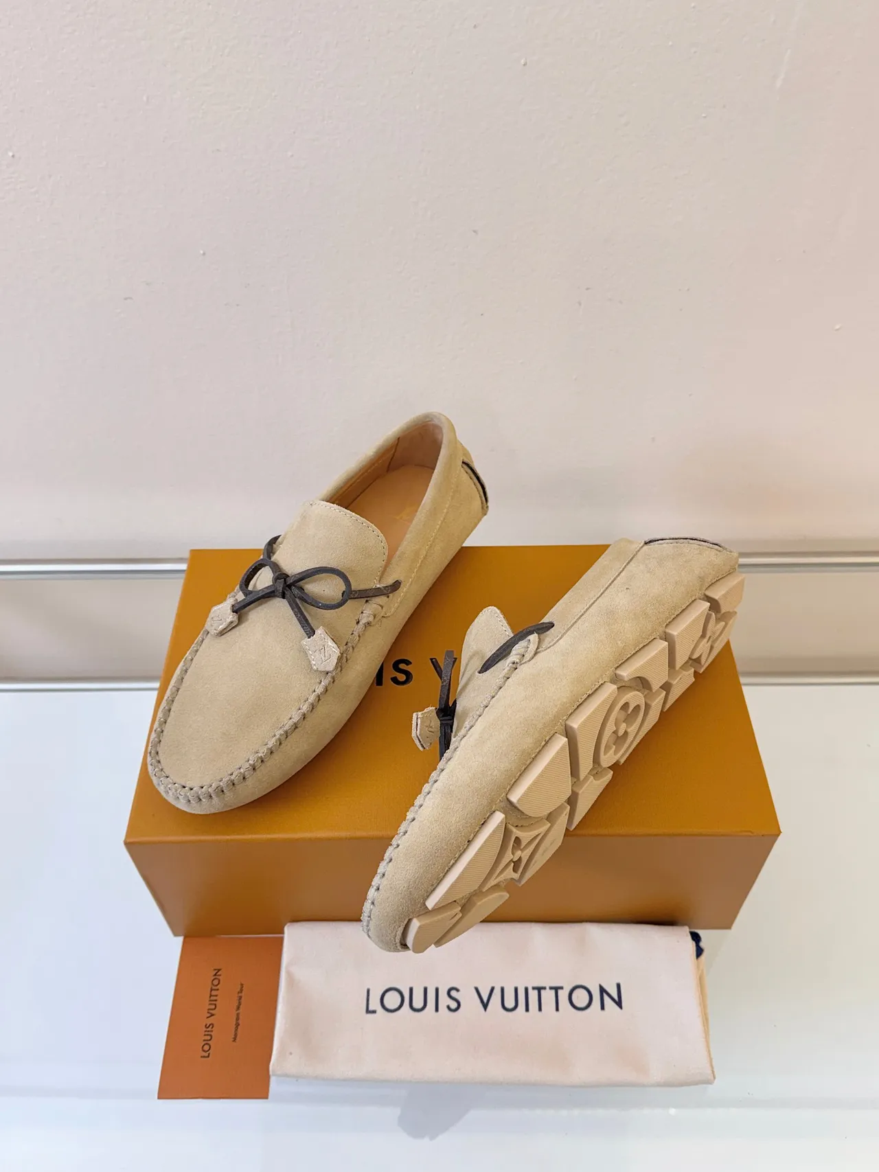 Louis Vuitton Beige Brown Suede Upper Moccasin Stitching Loafer