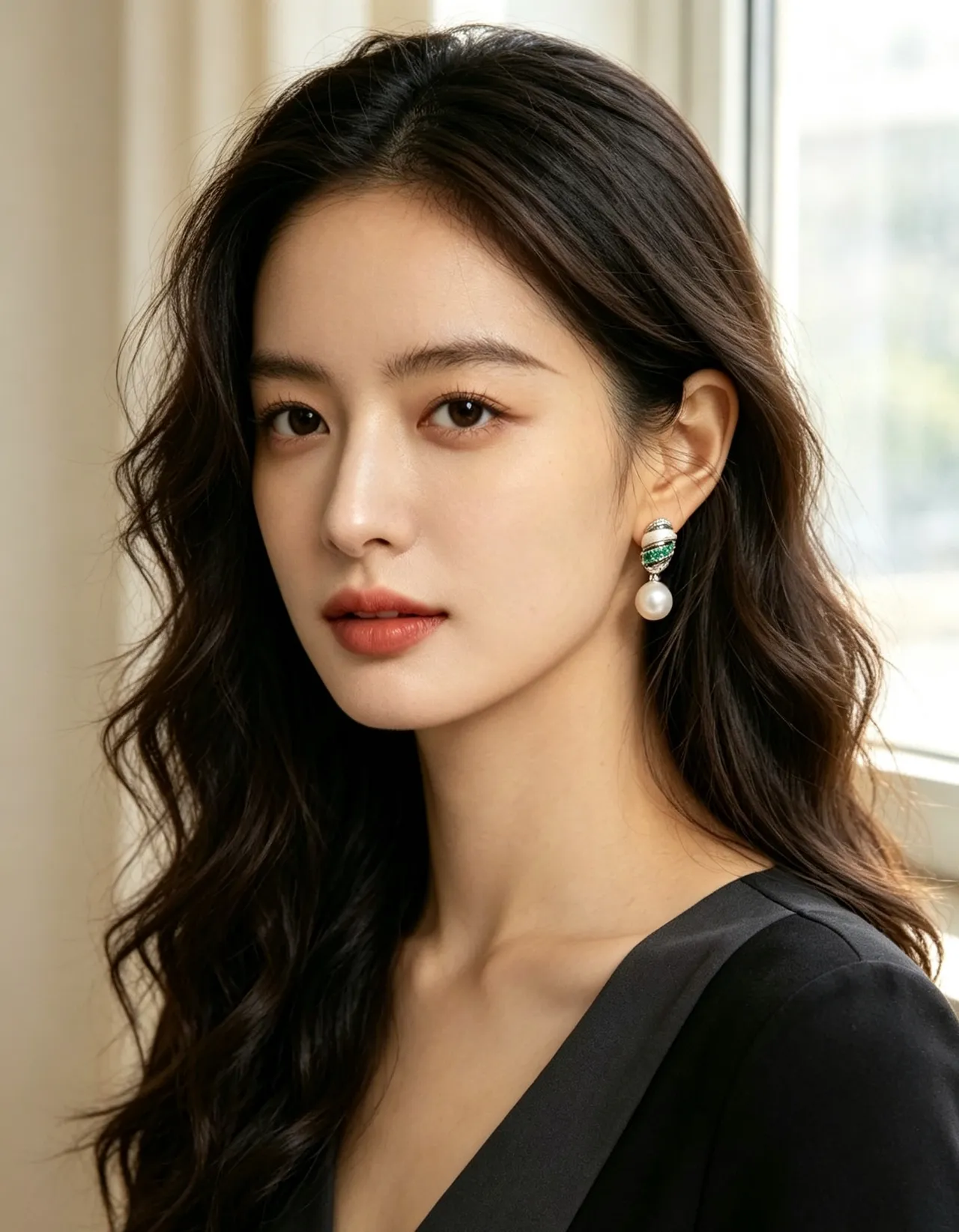 White Green Dangling Pearl-Drop Earrings