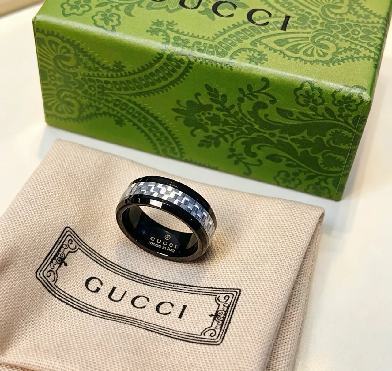 Gucci Mosaic Black Silver Ceramic Checkered Inlay Ring