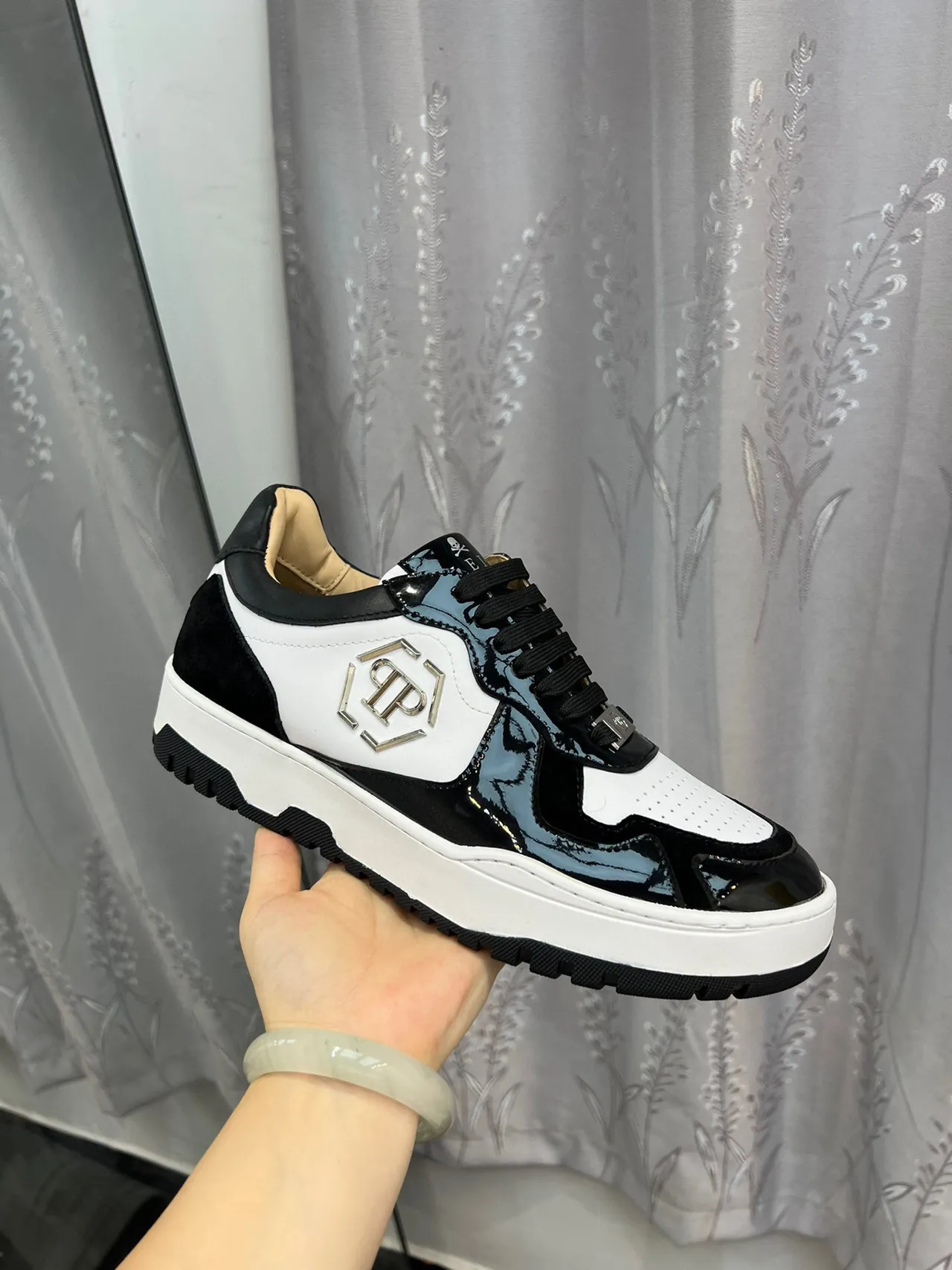 Philipp Plein Black White Panelled Upper Patent Leather Accents Lifestyle Sneakers