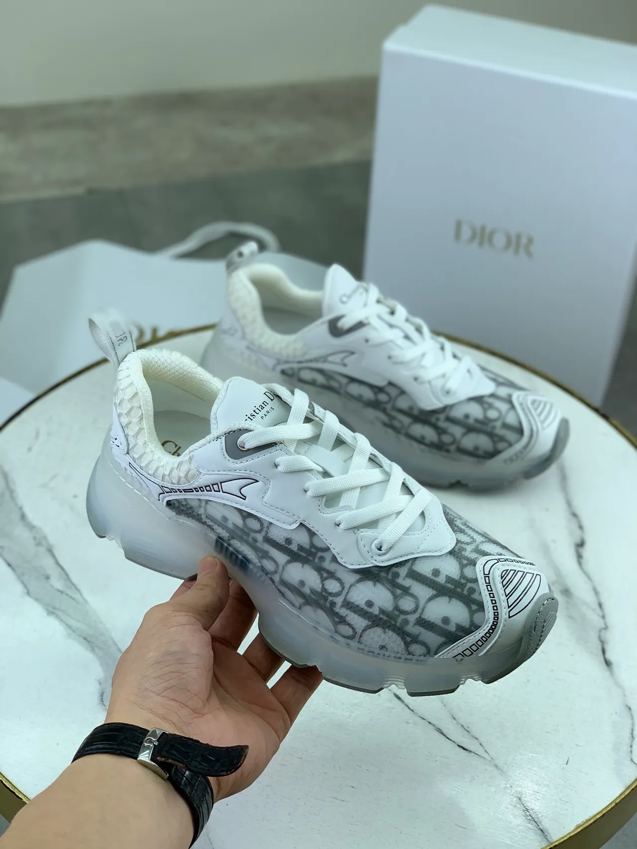 Dior White Gray Monogram-Print Overlay Translucent Midsole Window Chunky Sneakers