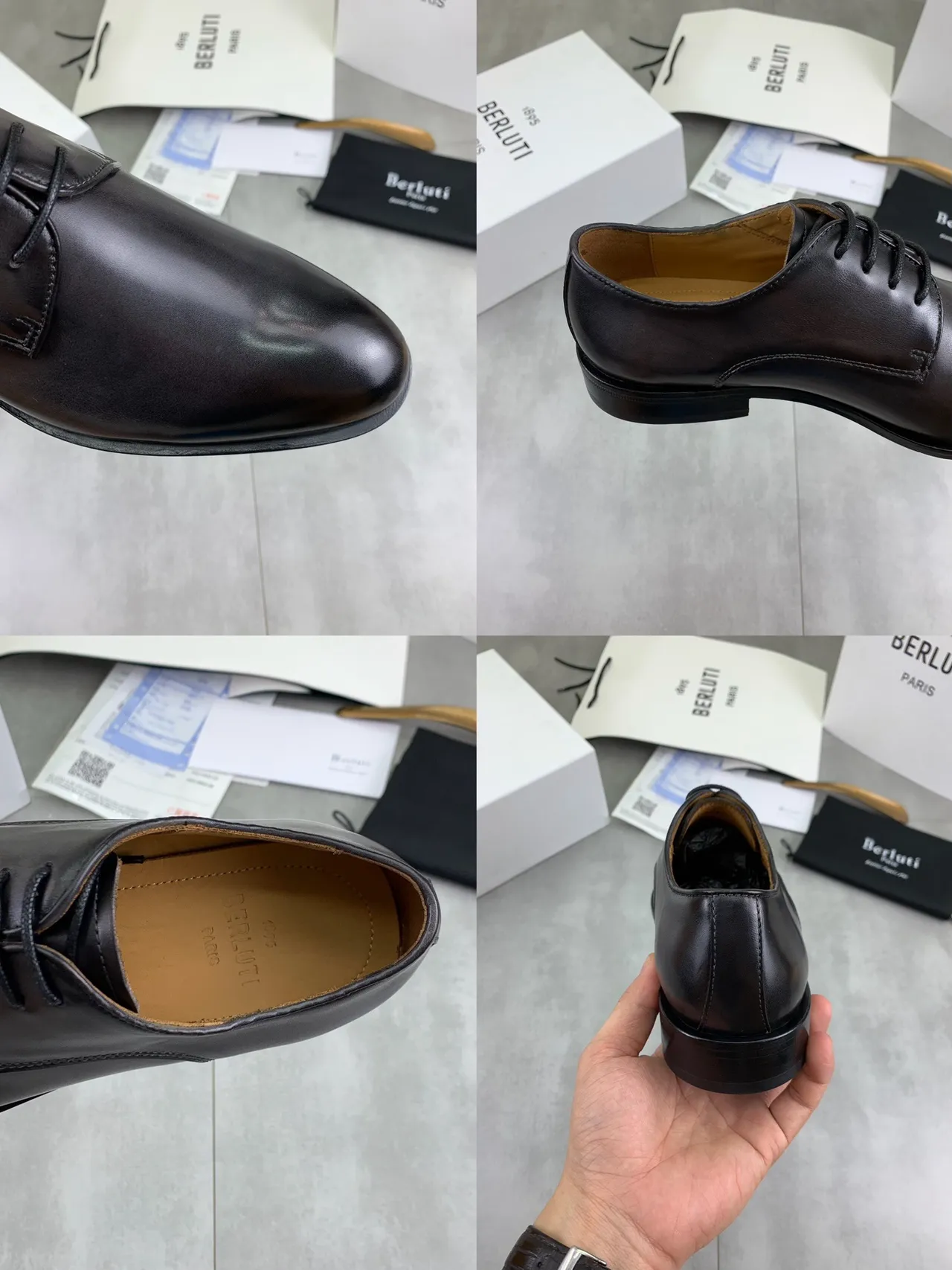 Berluti Black Brown Glossy Leather Cap Toe Oxford Shoes