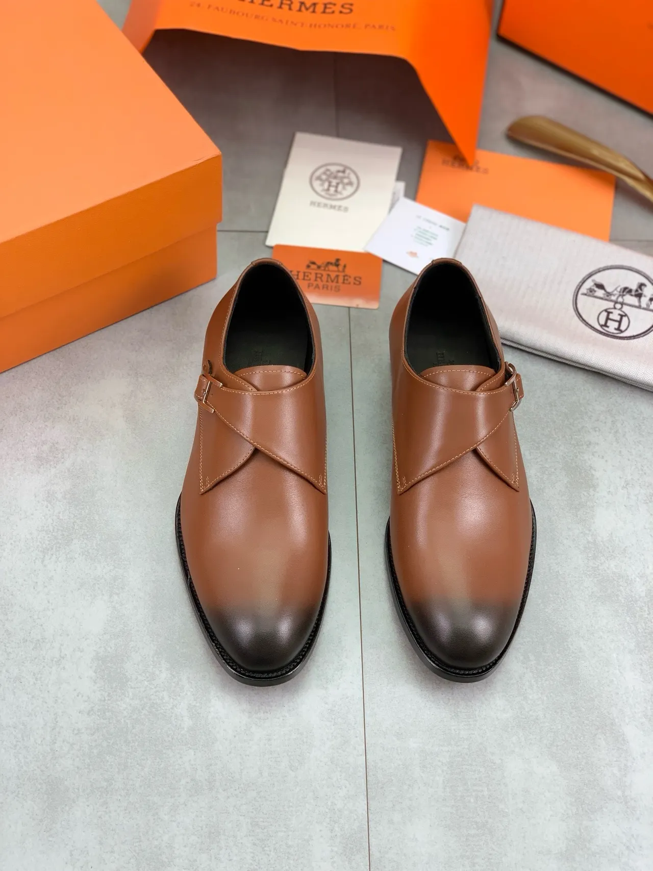 Hermès Brown Black Single-Strap Polished H-Buckle Monk Shoes