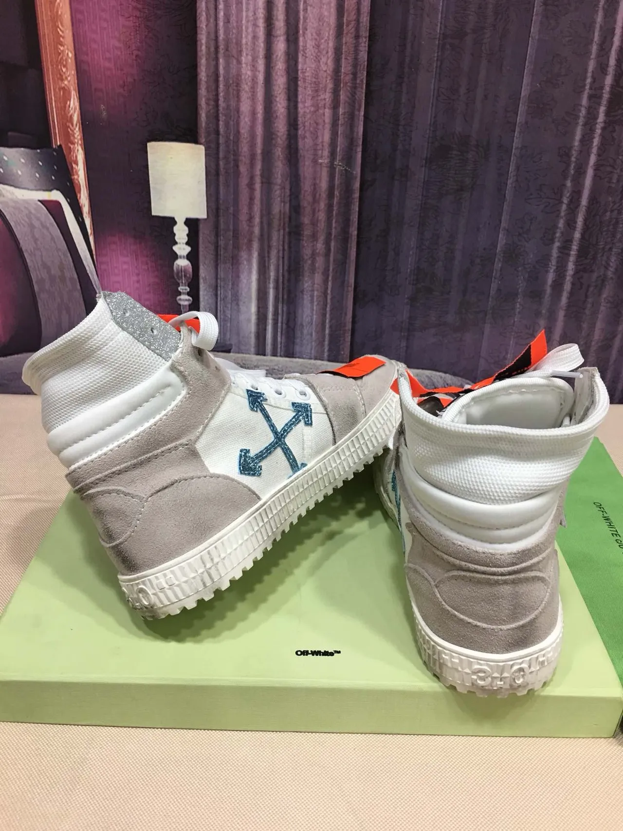 Off-White Beige Silver High-Top Glitter-Accented Lifestyle Sneakers