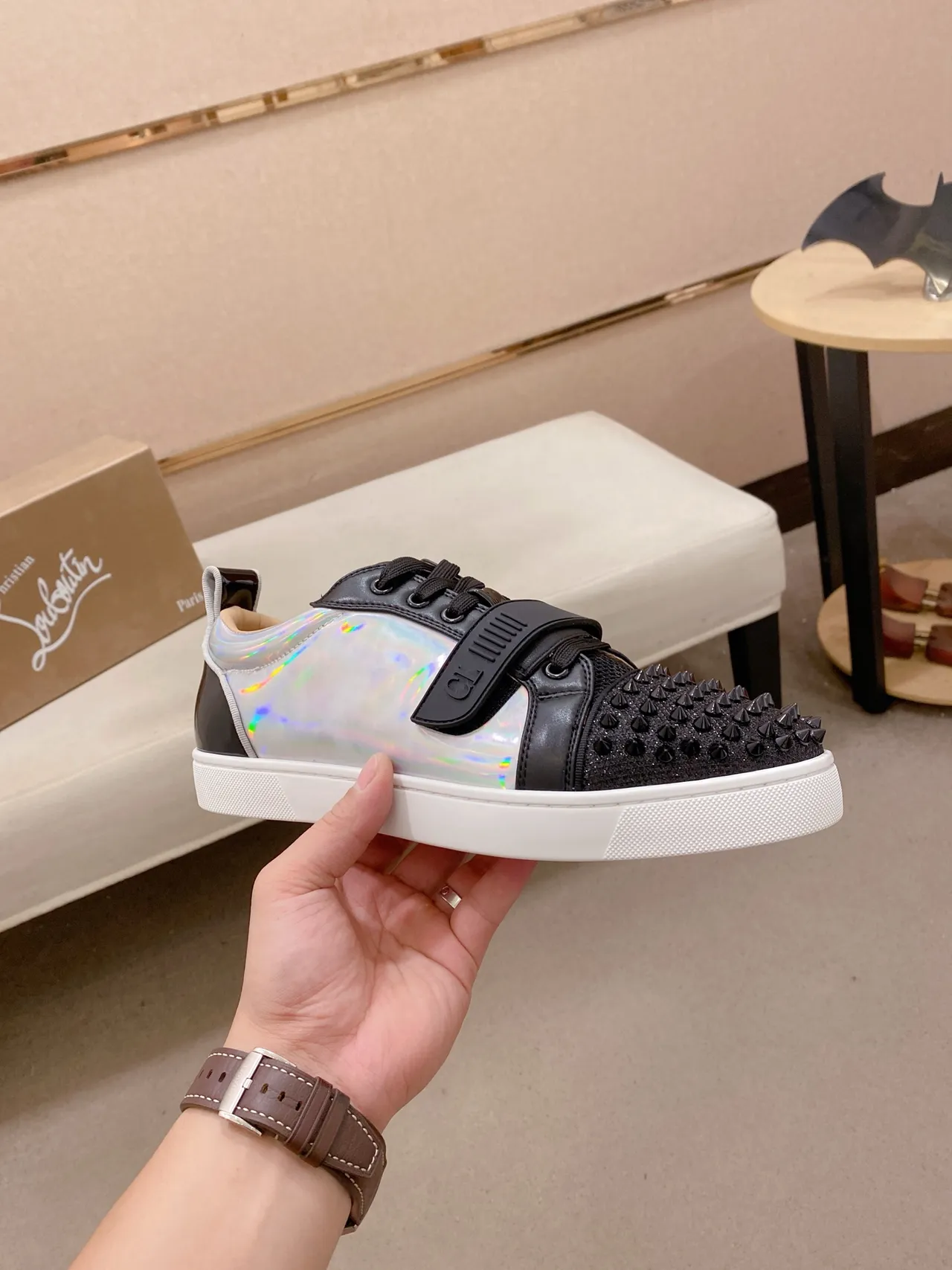 Christian Louboutin Spiked Toe Holographic Strap Lifestyle Sneaker
