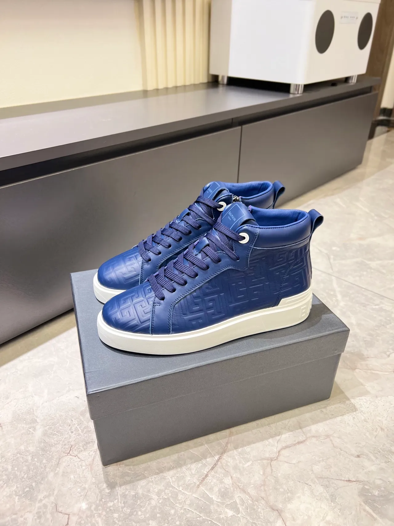 Balmain B-Court Navy White High-Top Embossed Leather Lifestyle Sneakers