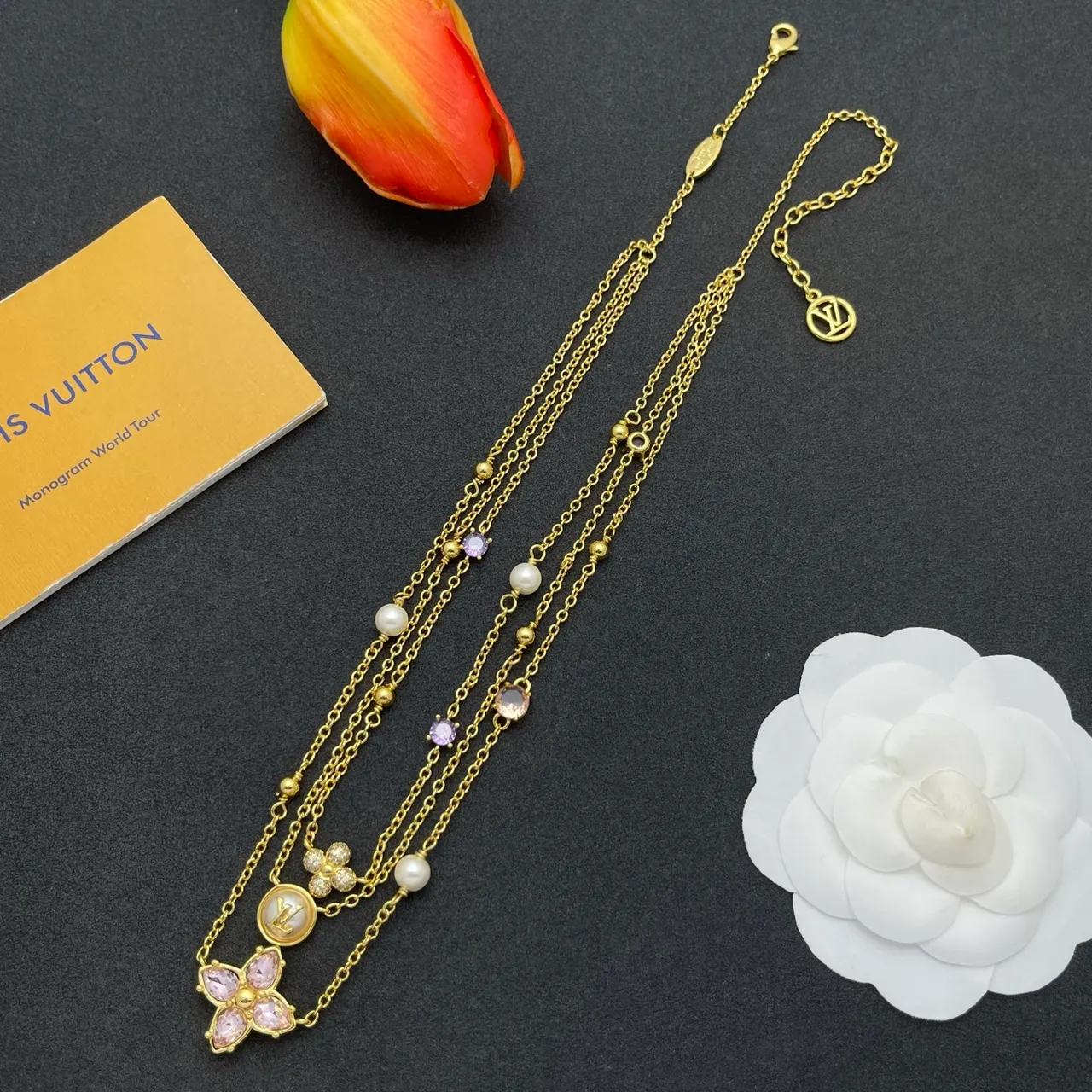 Louis Vuitton Monogram Flower Multi-Strand Pearl and Gemstone Necklace