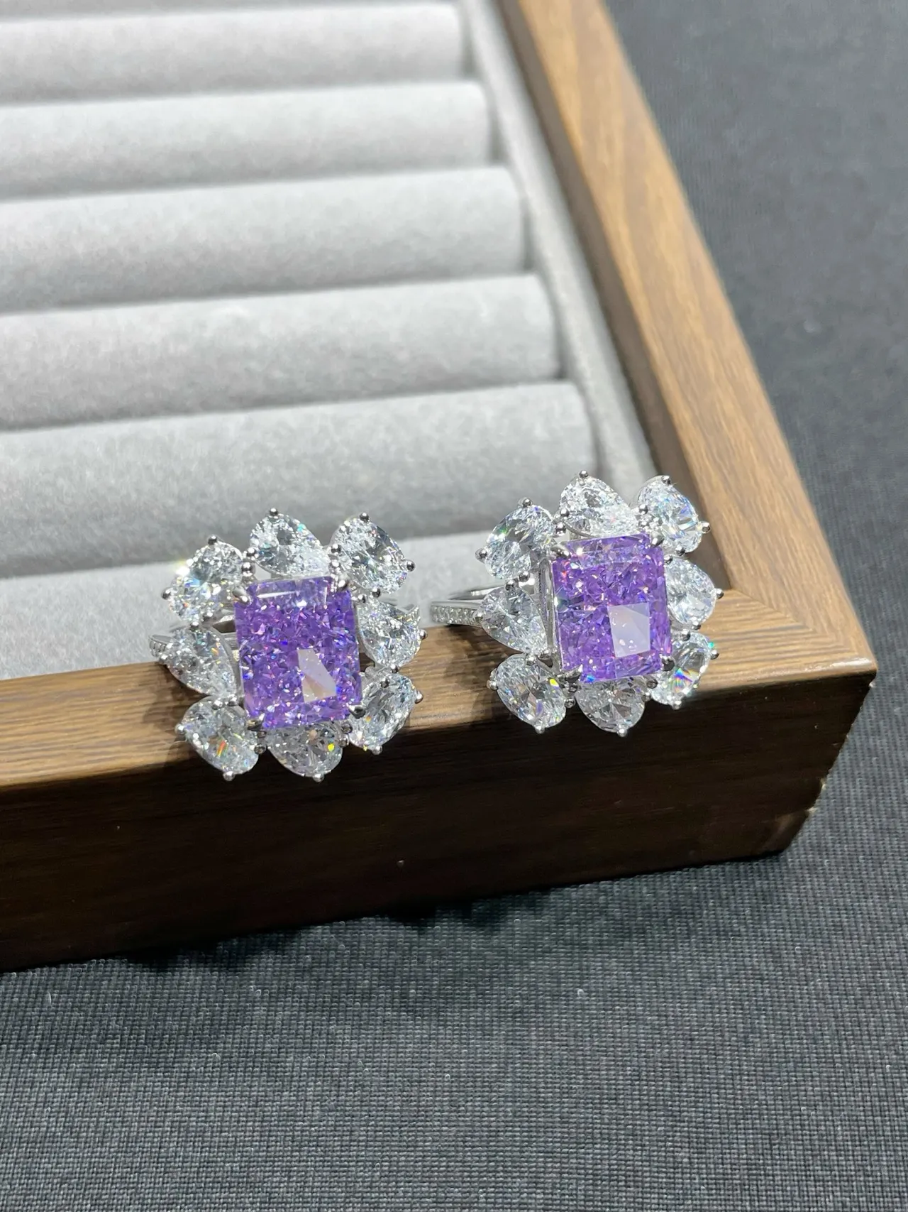 Purple Square Center Floral Cluster Earrings