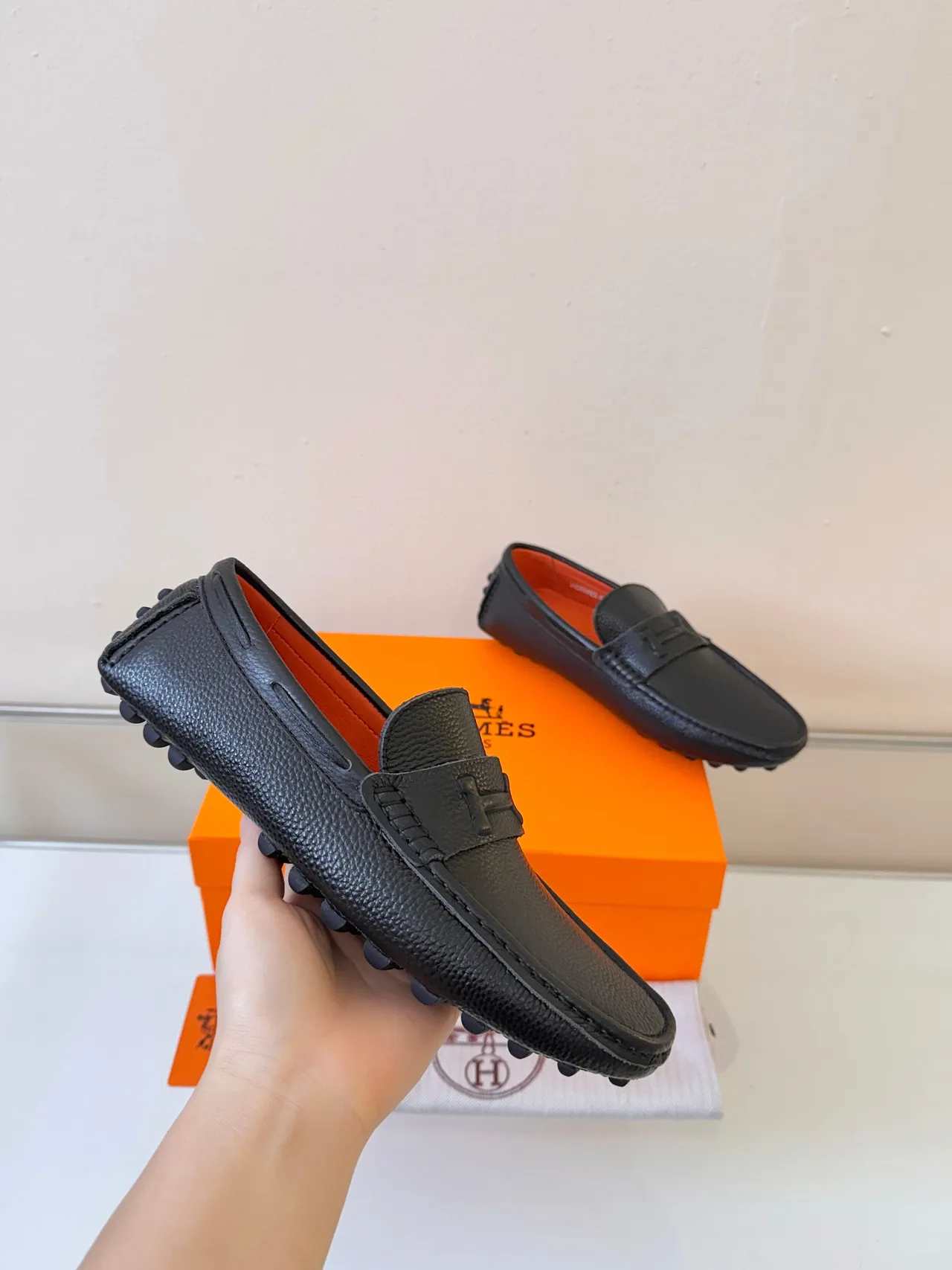 Hermès Oran Black Orange Pebbled Leather H-Logo Strap Loafer