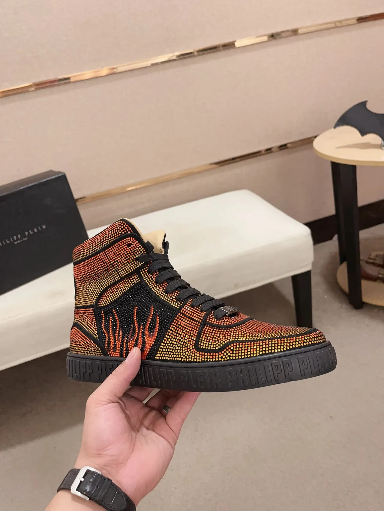Philipp Plein Crystal-Embellished Flame Motif High-Top Lifestyle Sneakers