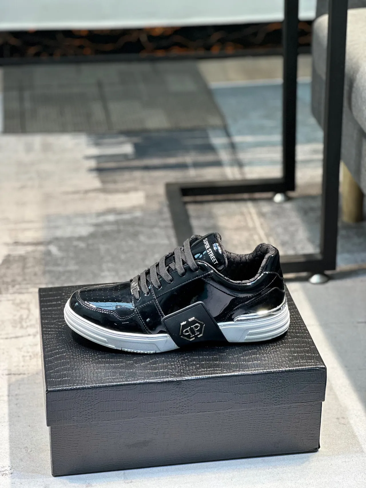 Philipp Plein Super Street Black Patent Leather Lifestyle Sneakers