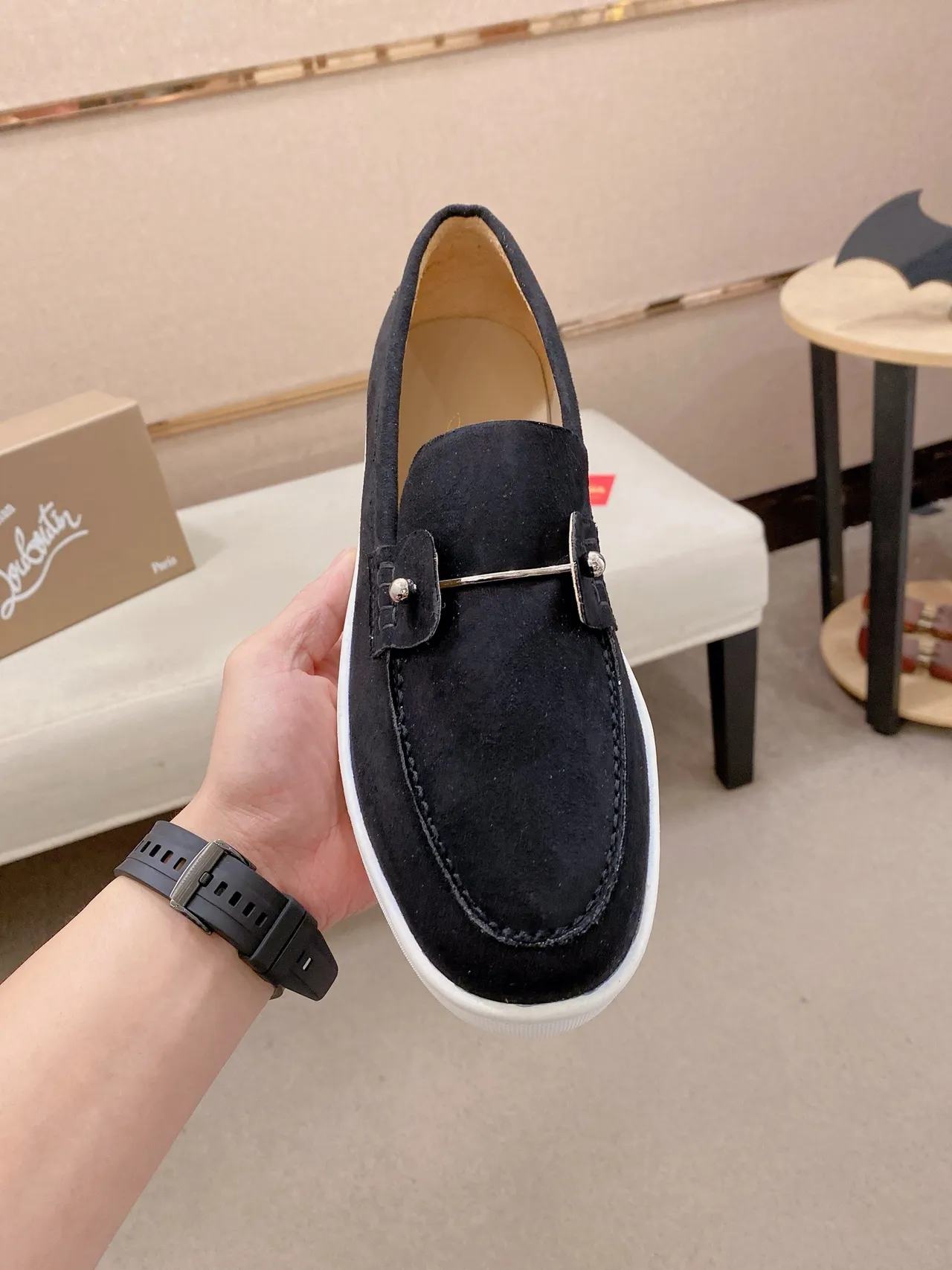 Christian Louboutin Black White Suede Platform Sole Loafer