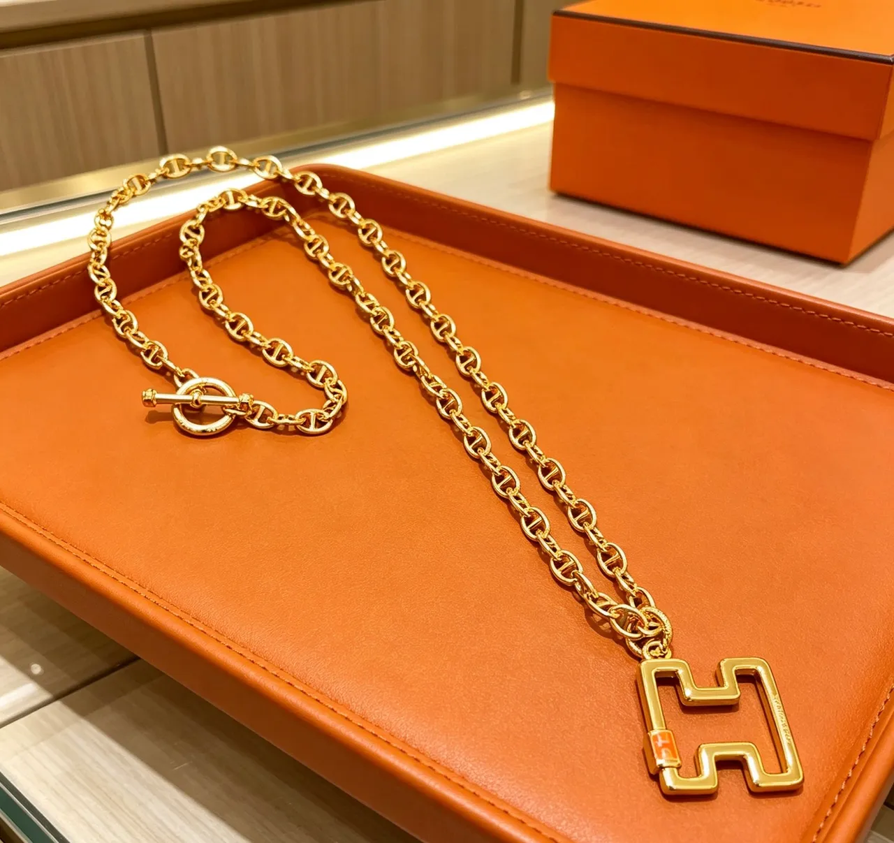 Hermès Gold Orange Link Chain Toggle Clasp Necklace