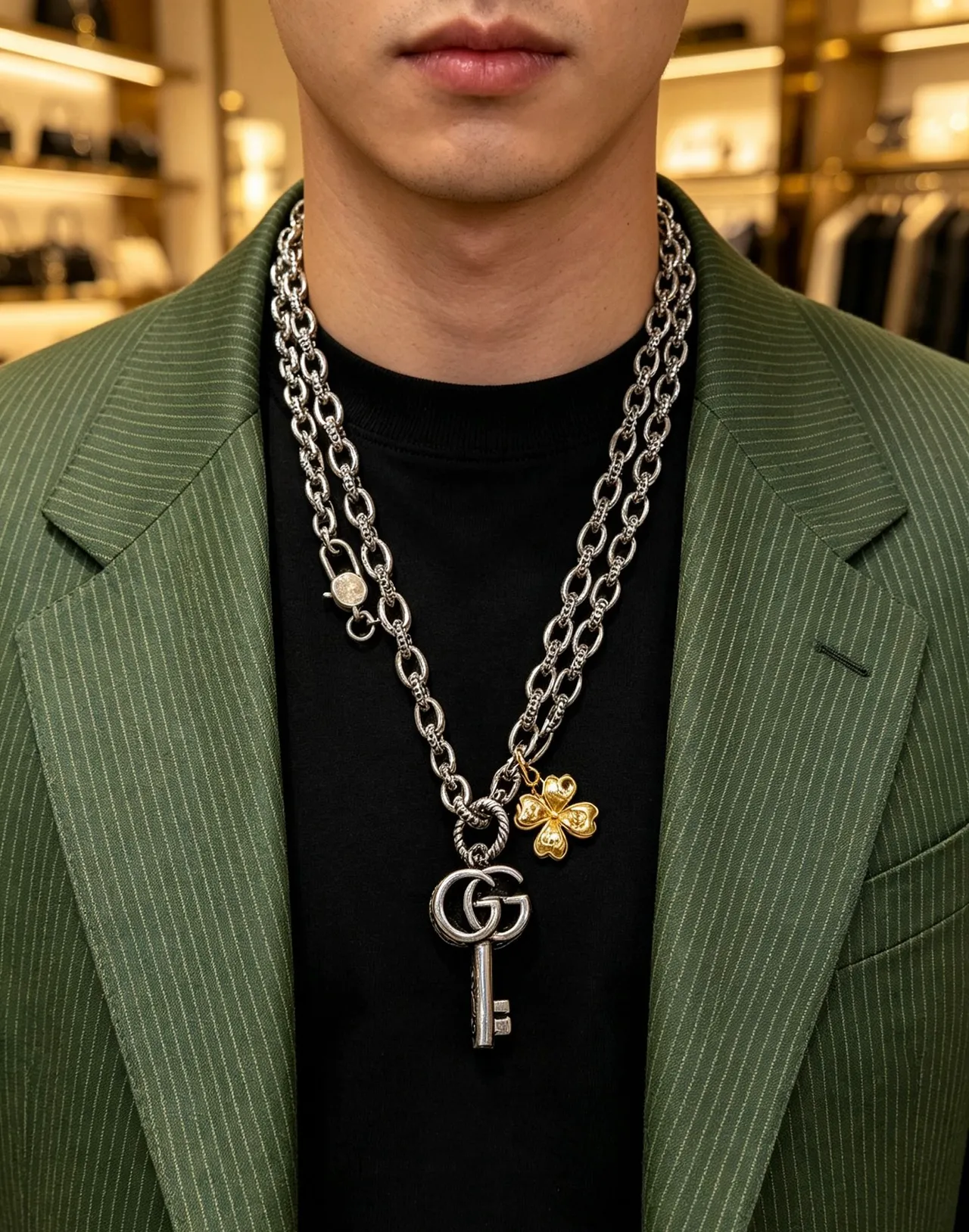 Gucci Silver Gold Oxidized Chain Engraved GG Key Pendant Necklace