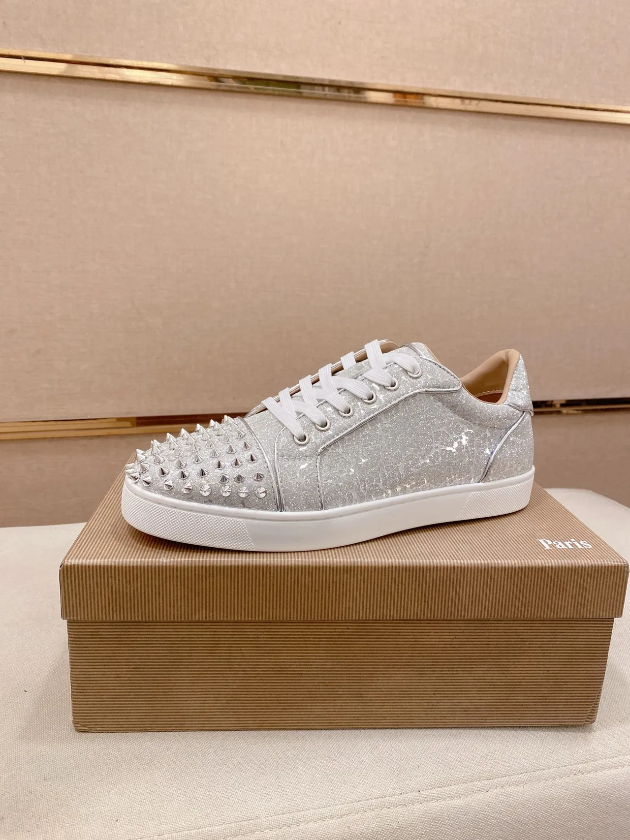Christian Louboutin Silver White Glitter Upper Spiked Toe Cap Lifestyle Sneakers