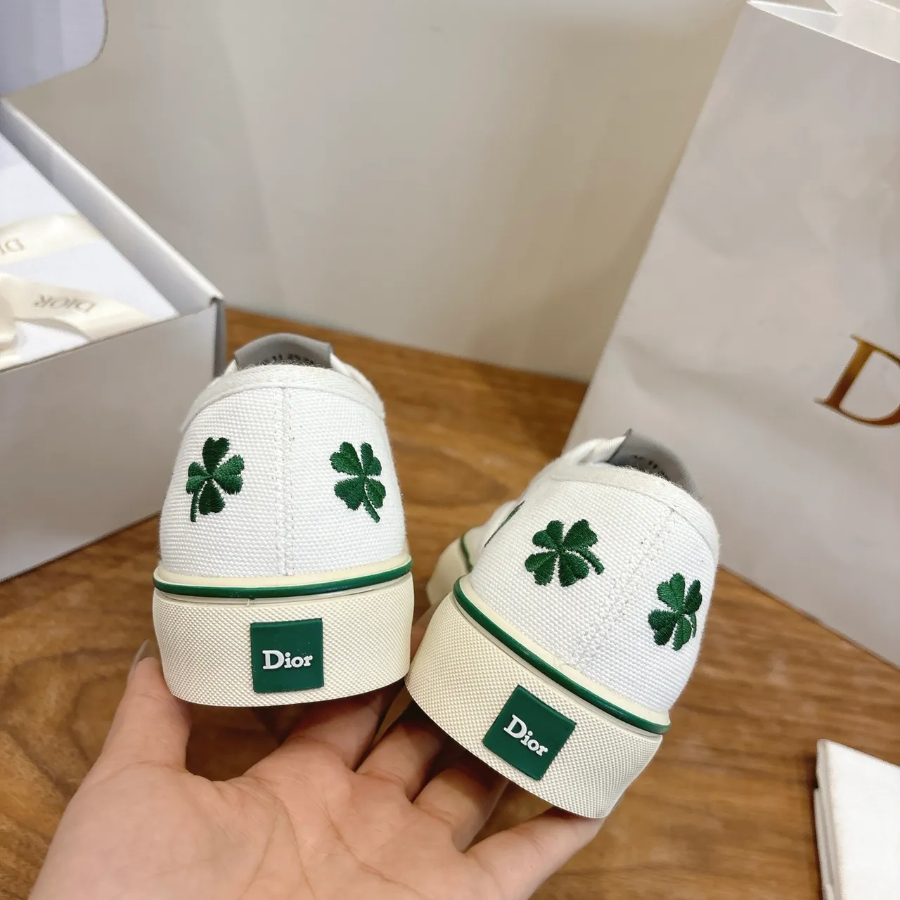 Dior White Green Embroidered Clovers Canvas Shoes