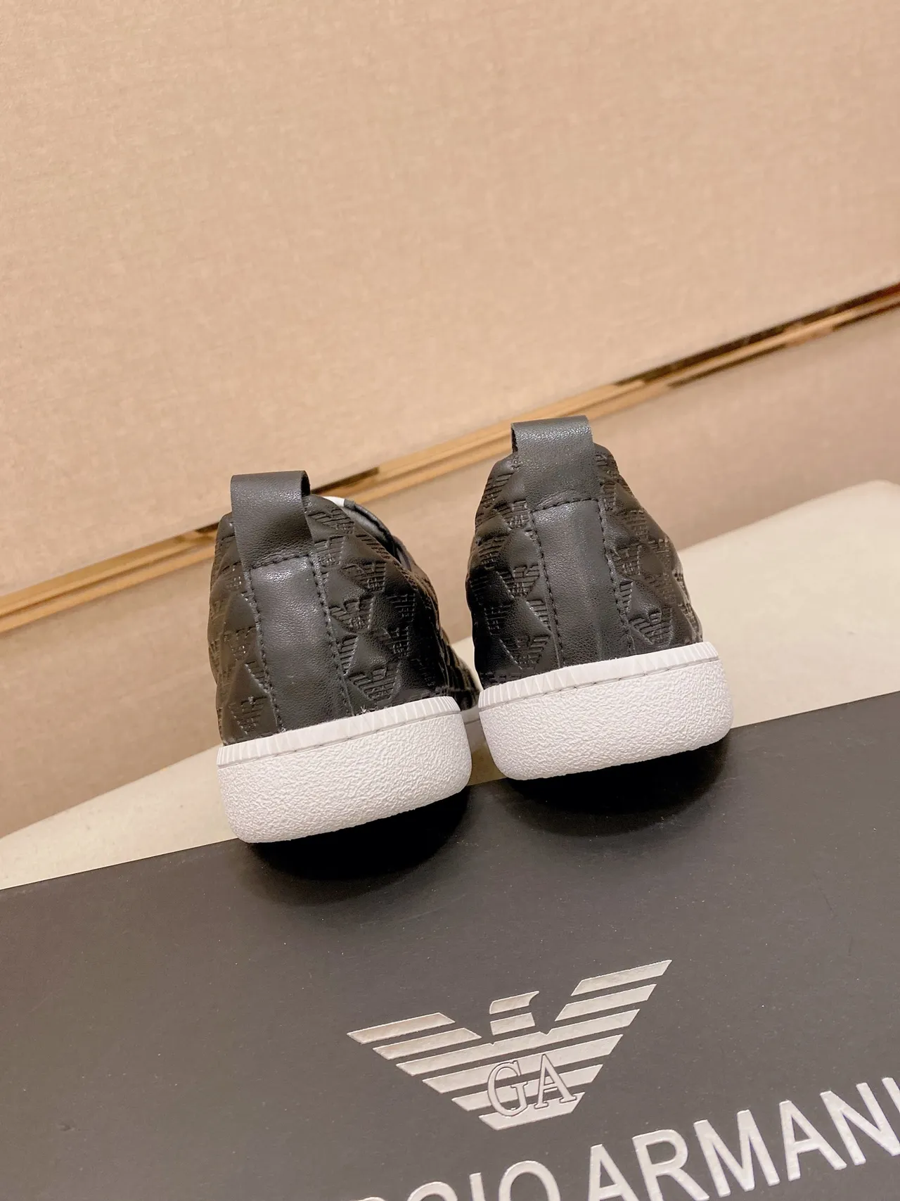 Emporio Armani Black White Slip-On Quilted Eagle-Motif Upper Lifestyle Sneakers