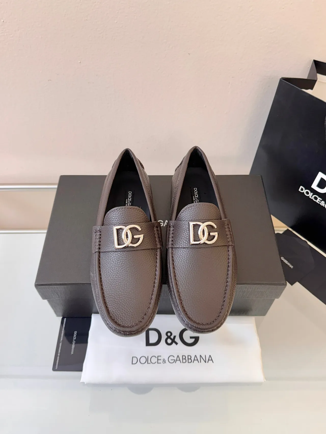 Dolce & Gabbana Brown Silver Pebbled Leather Metal DG Buckle Loafer