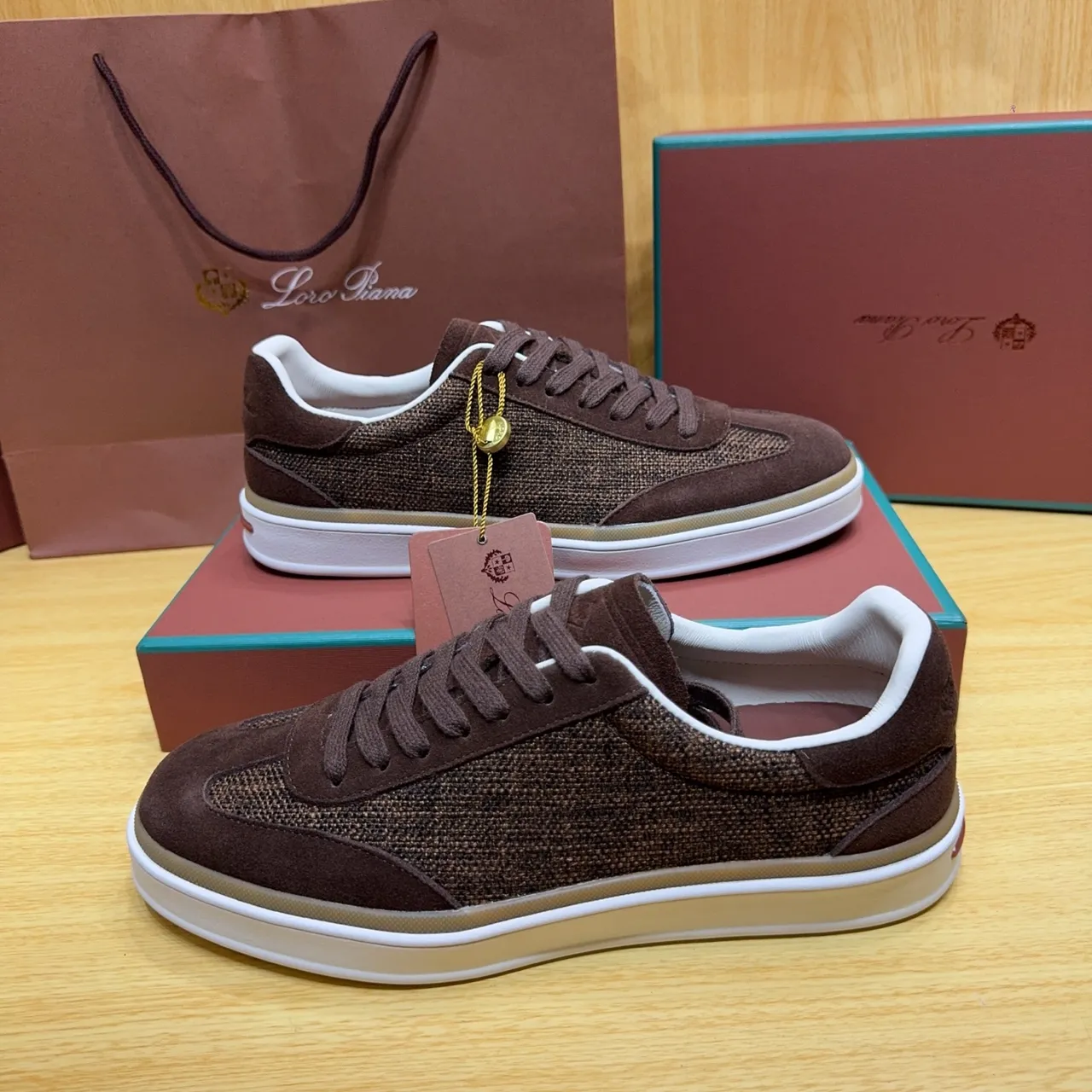 Loro Piana Brown Suede and Woven Textile Low-Top Lifestyle Sneakers