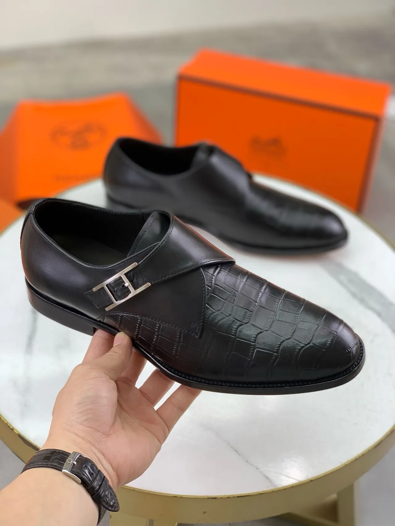 Hermès H-Buckle Monk Shoe Black Crocodile-Embossed Leather Men's Monk Shoes