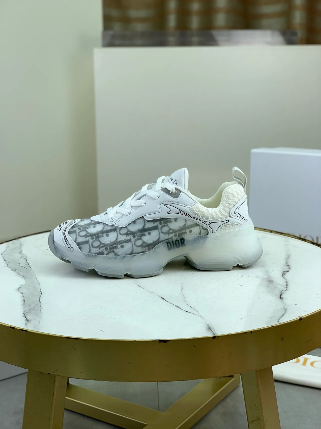 Dior White Gray Monogram-Print Overlay Translucent Midsole Window Chunky Sneakers