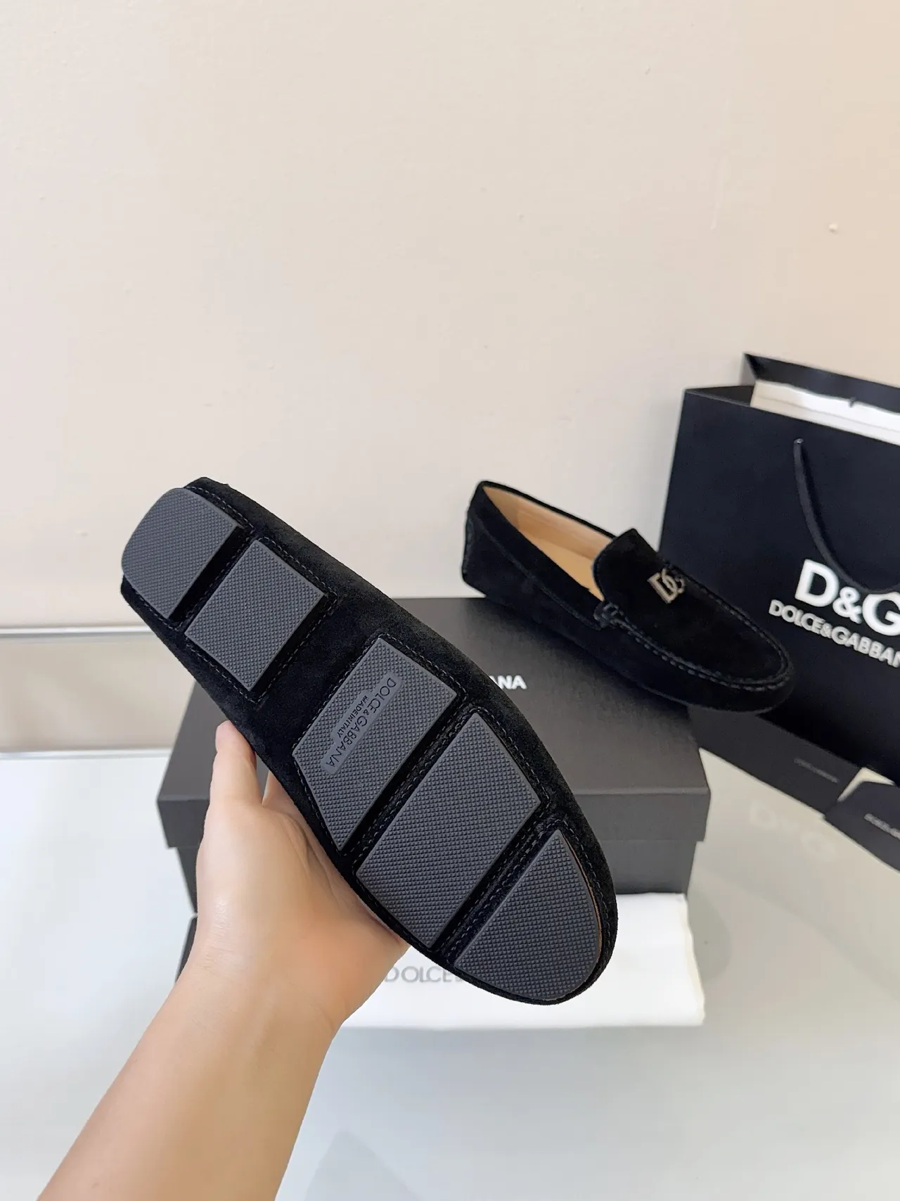 Dolce & Gabbana Portofino Black Beige Suede Upper Metal DG Buckle Loafer