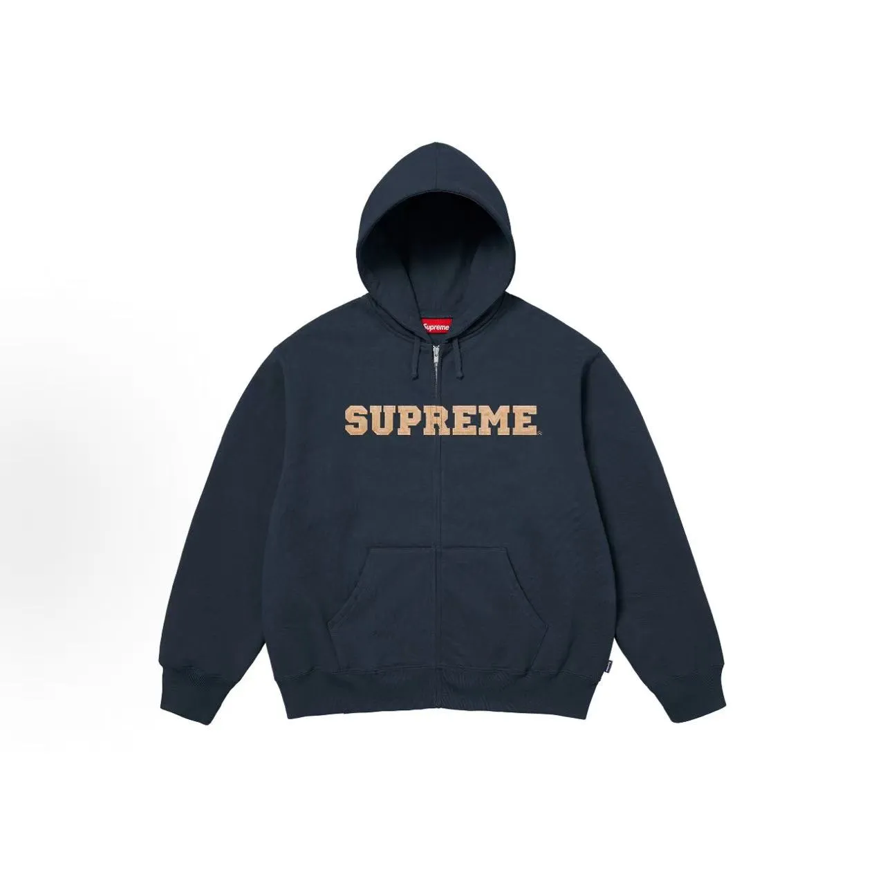 Supreme Box Logo Navy Beige Full-Zip Kangaroo Pocket Hoodie