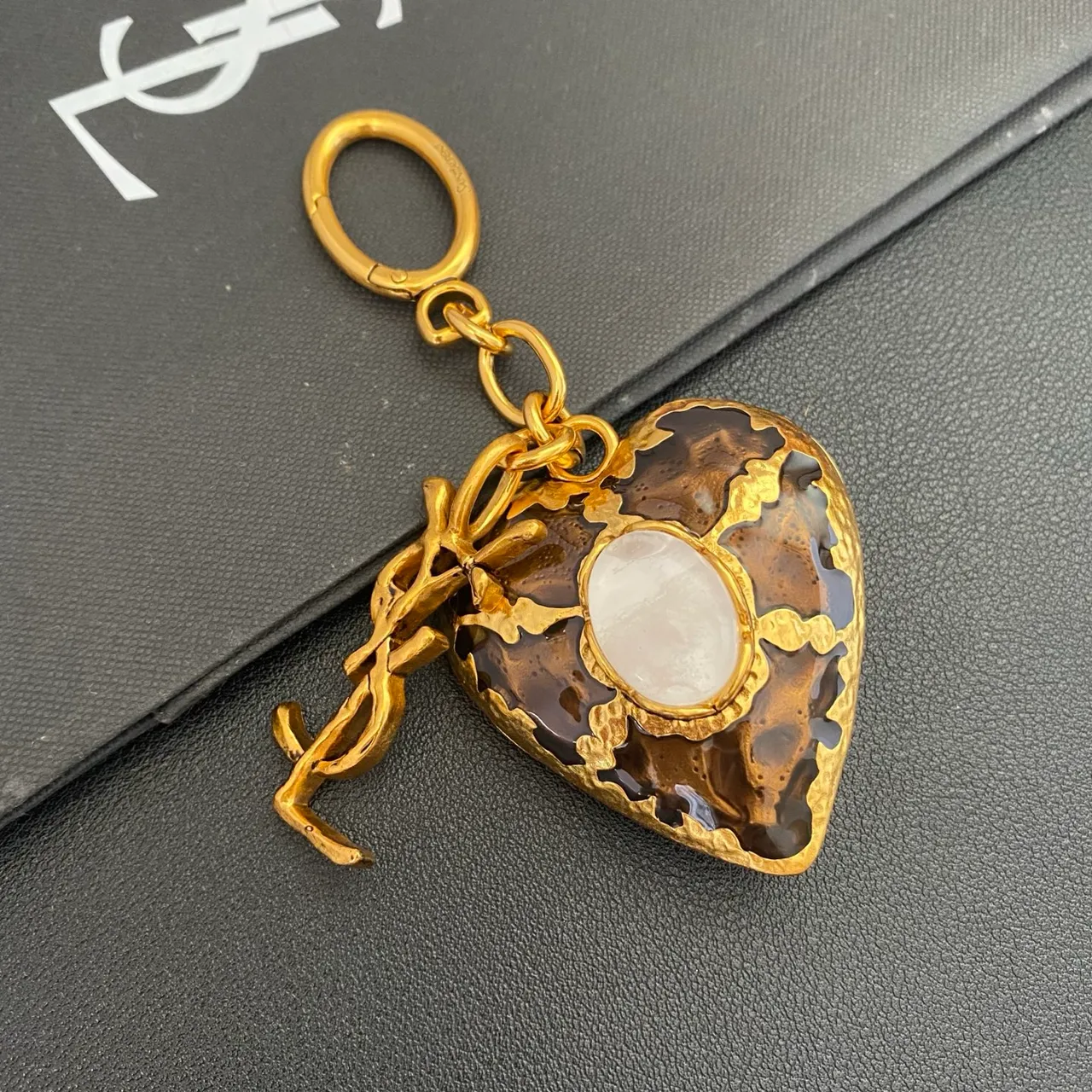 Saint Laurent Monogram Heart Charm Gold Brown Metal Brooch