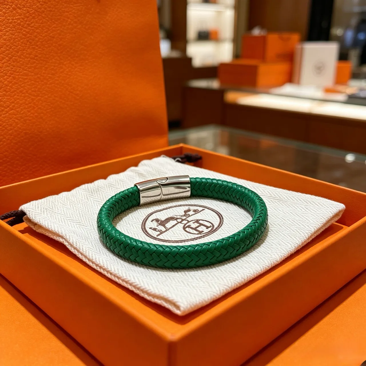 Hermès Green Silver Braided Leather Magnetic Clasp Bracelet