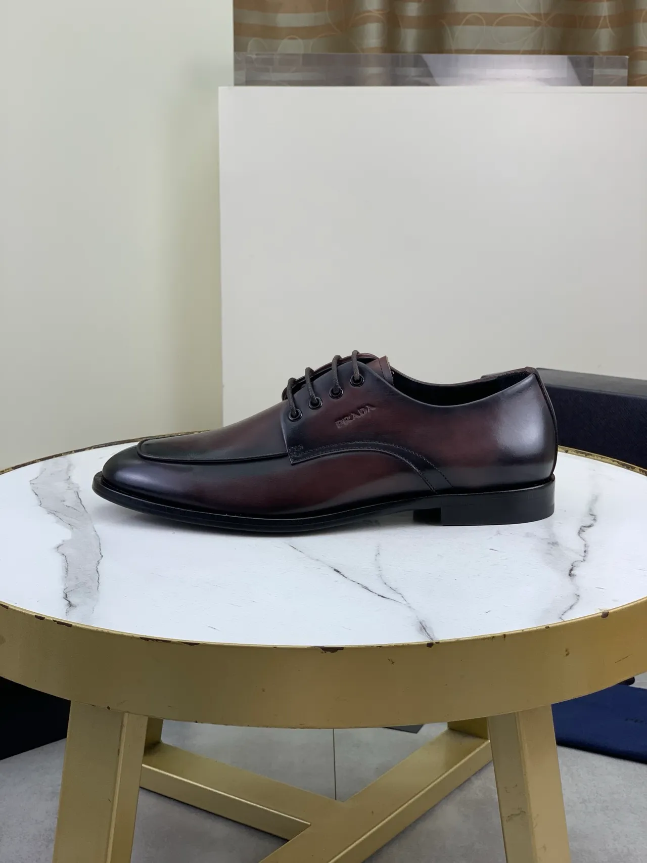 Prada Burgundy Black Cap-Toe Polished Leather Oxford Shoes