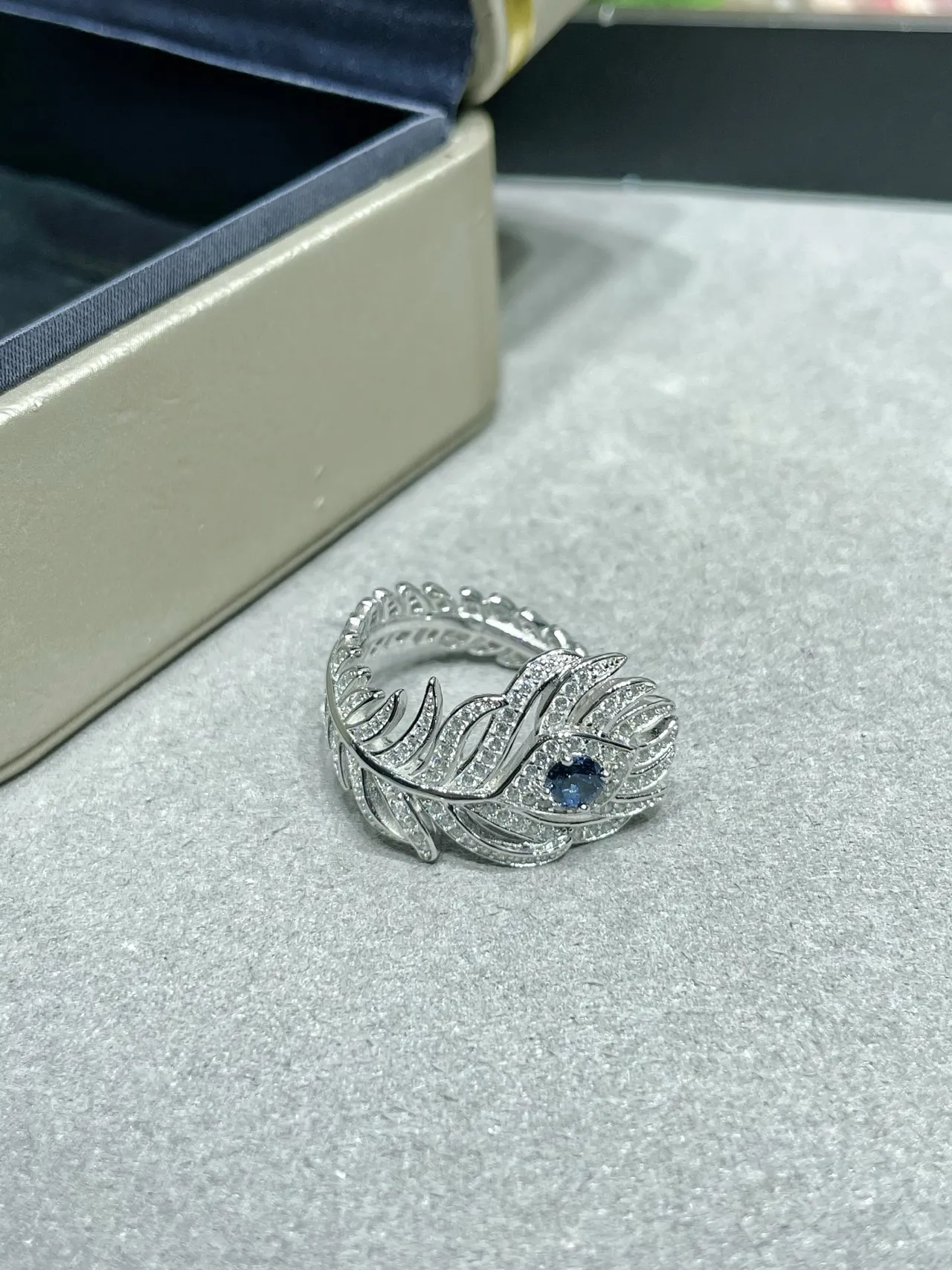 Silver Blue Feather Motif Pavé-Set Earrings