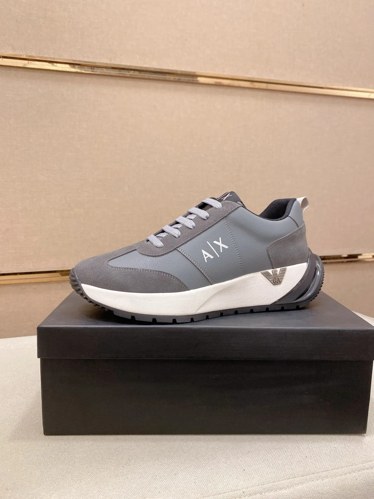 Armani Exchange Gray White Mixed-Material Upper Contrast Midsole Sneakers