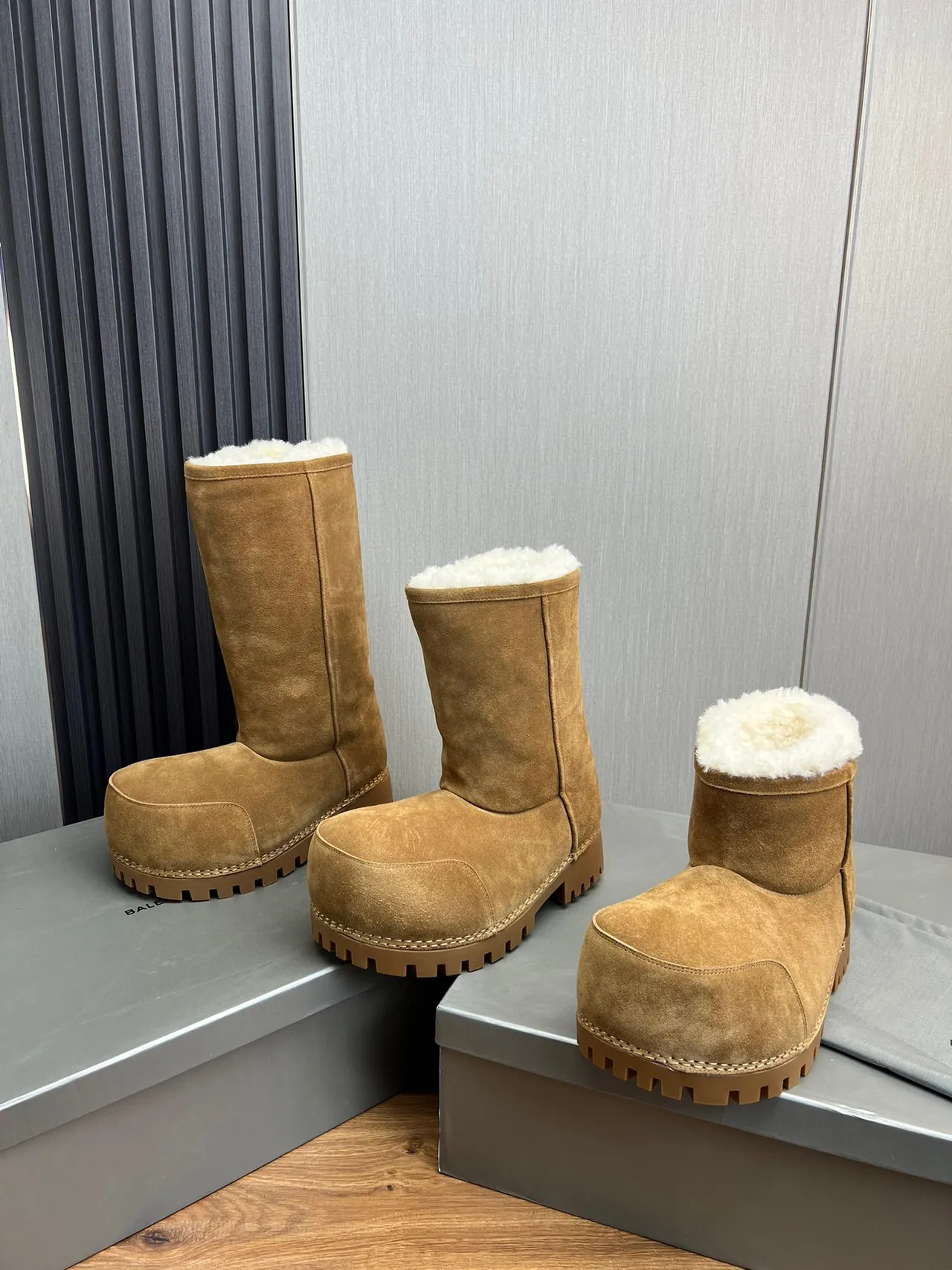 Balenciaga Defender Brown Beige Suede Shearling-Lined Knee Boots