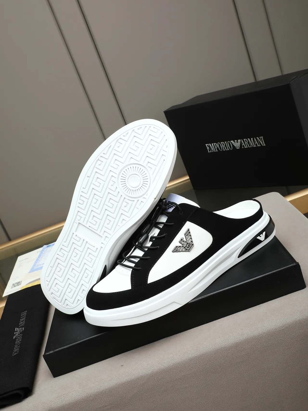 Emporio Armani Black and White Open-Heel Mule Lifestyle Sneakers