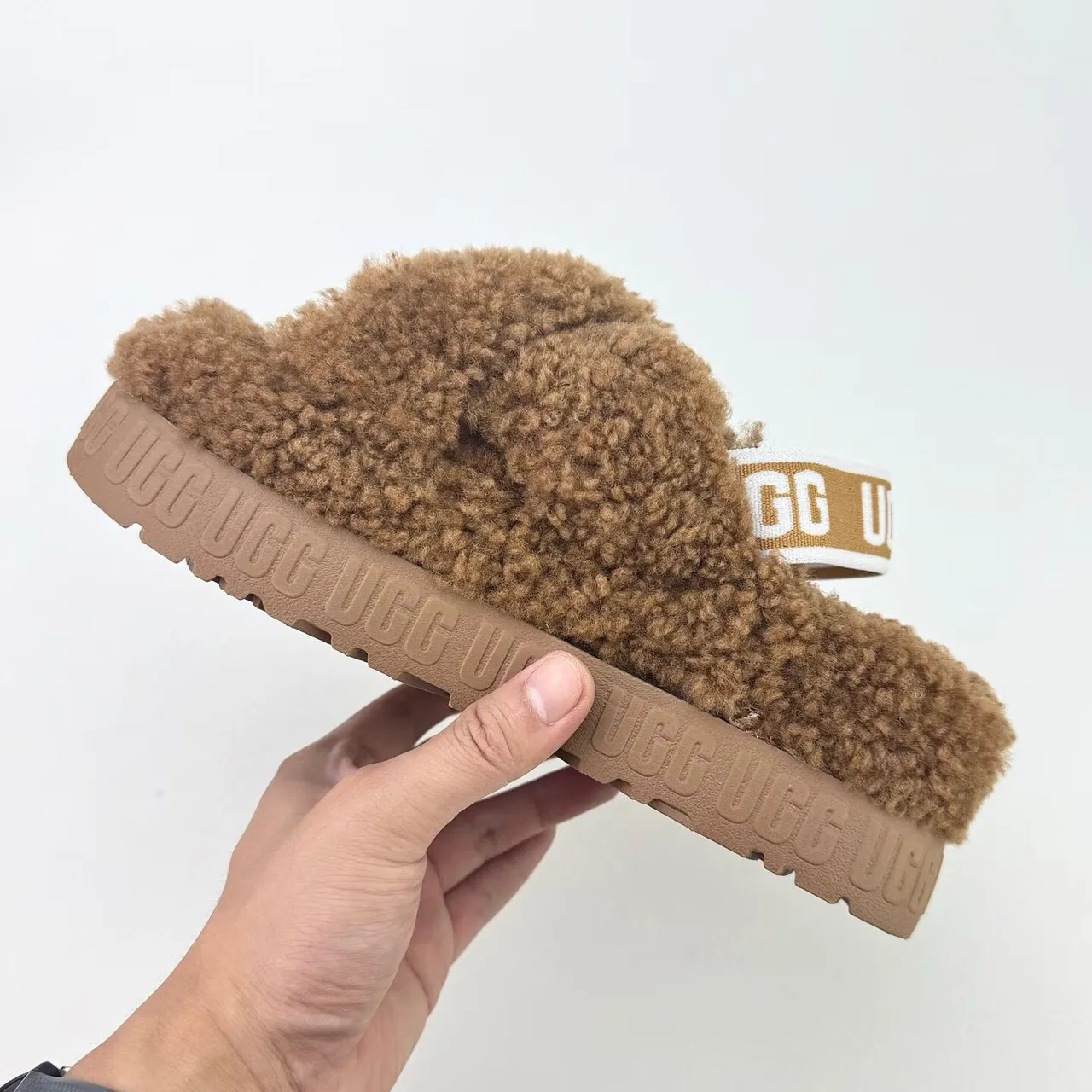 UGG Tasman Brown Fuzzy Cross-Strap Platform Slippers