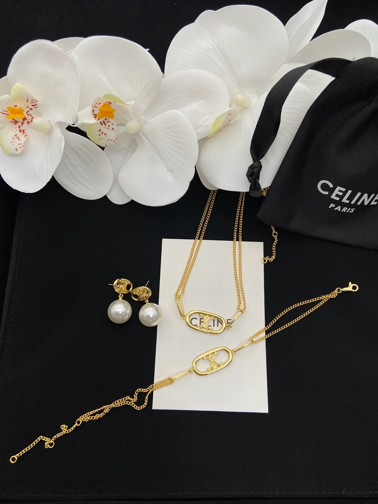 Celine Triomphe Gold White Chain Oval Logo Pendant Necklace