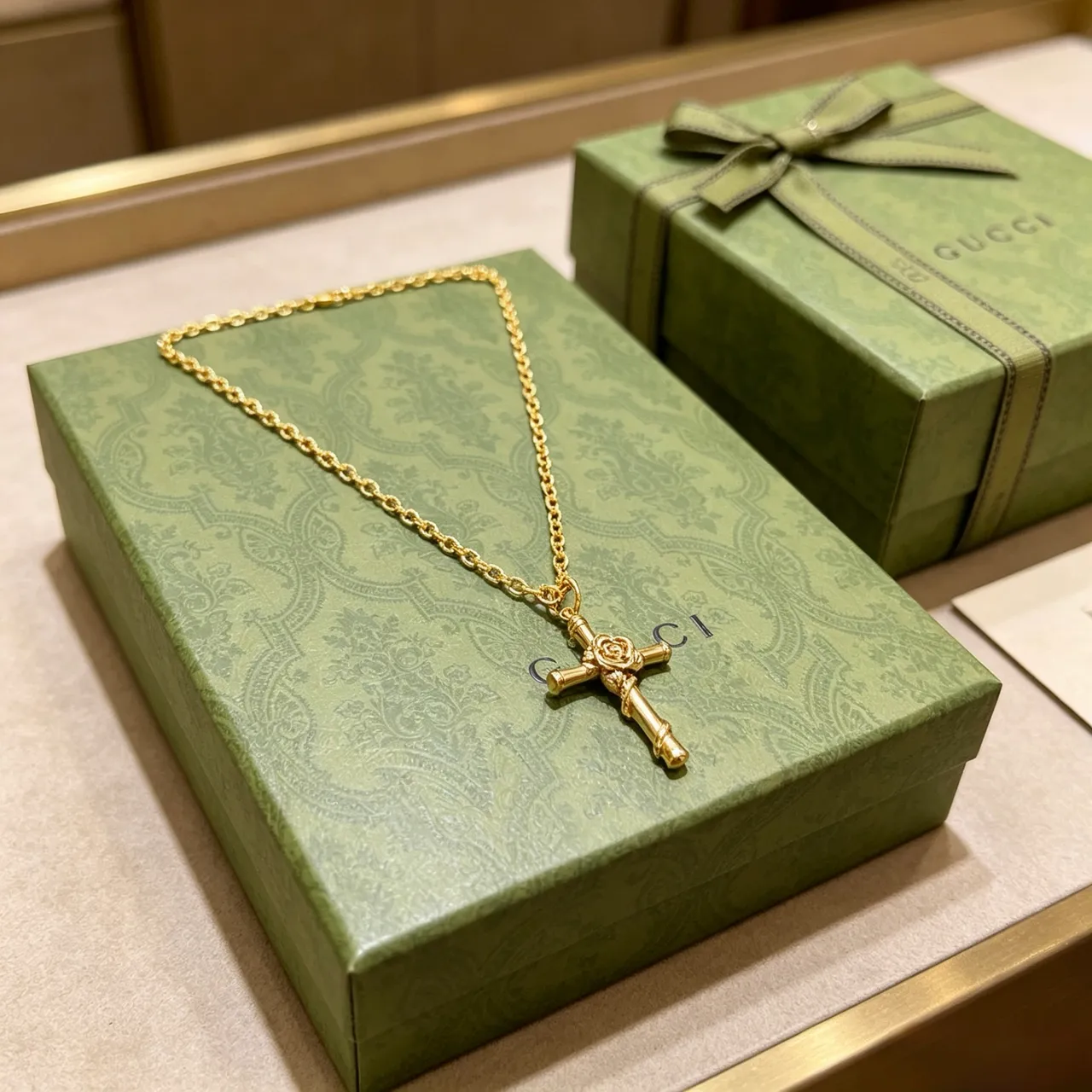 Gucci Bamboo Cross Pendant Gold-Tone Necklace